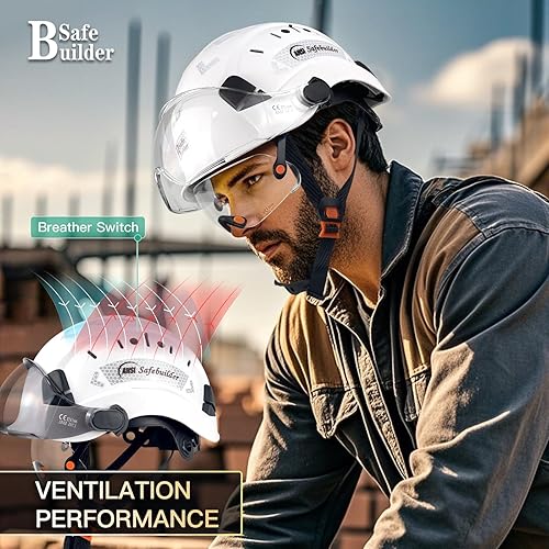 Miniatura 7 de CR06+2V Casco de seguridad de construcción con visera incorporada, casco duro ABS con visera ajustable, protección para la cabeza de trabajo,