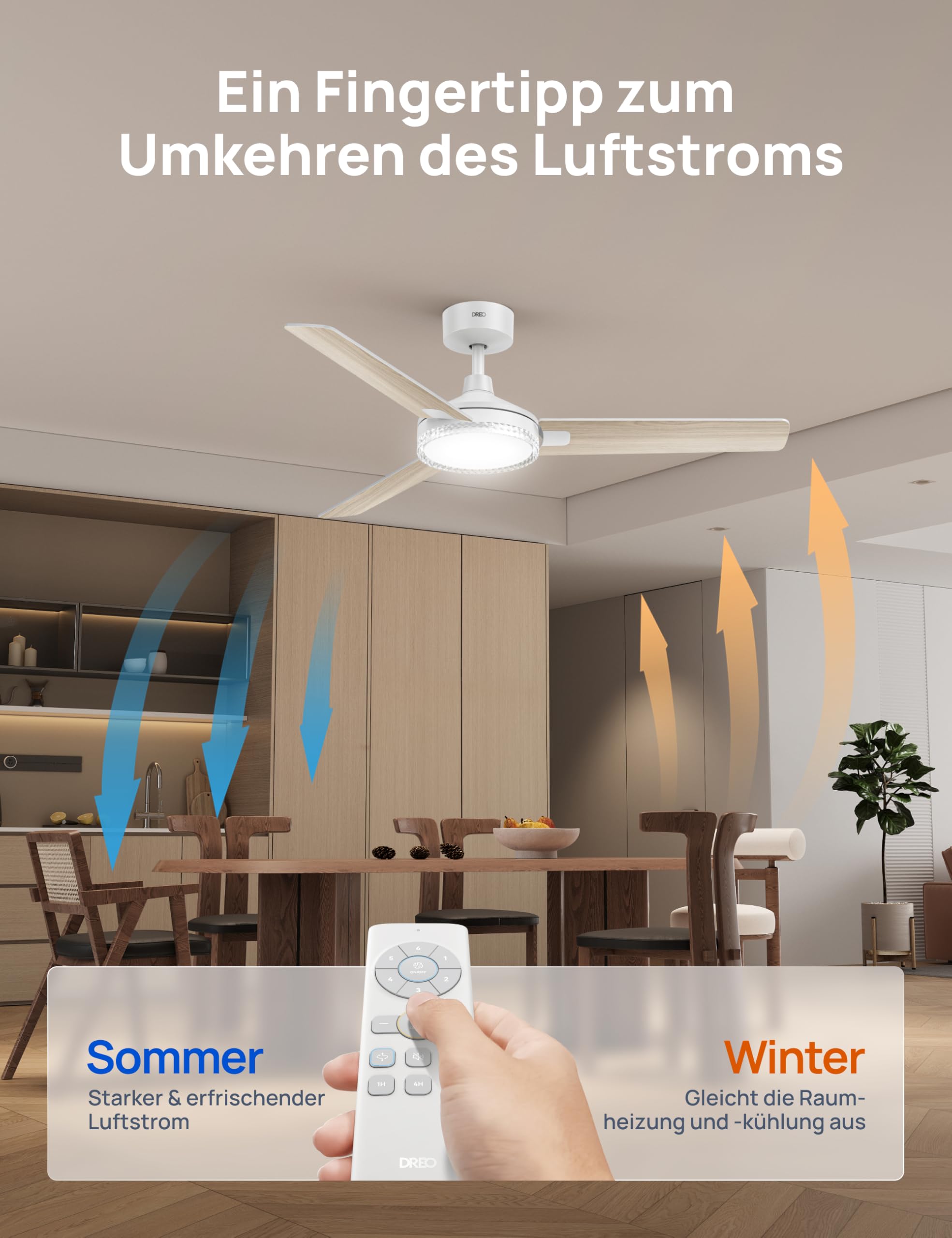 DREO Deckenventilator mit Beleuchtung und Fernbedienung,132 cm Weißer Ventilator decke mit Licht und Alexa,5 CCT-Farben, 6-stufig dimmbar, 6 Stufen, leiser reversibler DC-Motor, Timer (1/4/8h)
