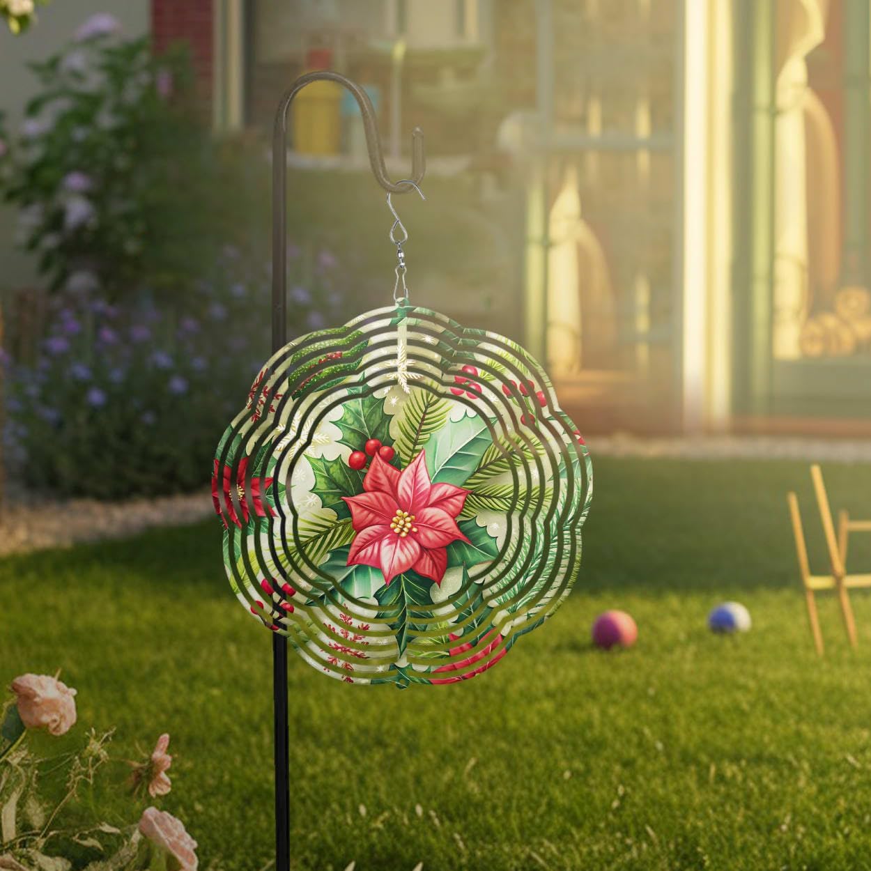 Christmas Flowers Poinsettia Christmas Wind Spinners 3D Stainless Steel Laser Cut Metal Double Sided Printing-Hanging Indoor/Outdoor Decorations Yard Gardening Decor,Metal Kinetic Art 14x14 inches
