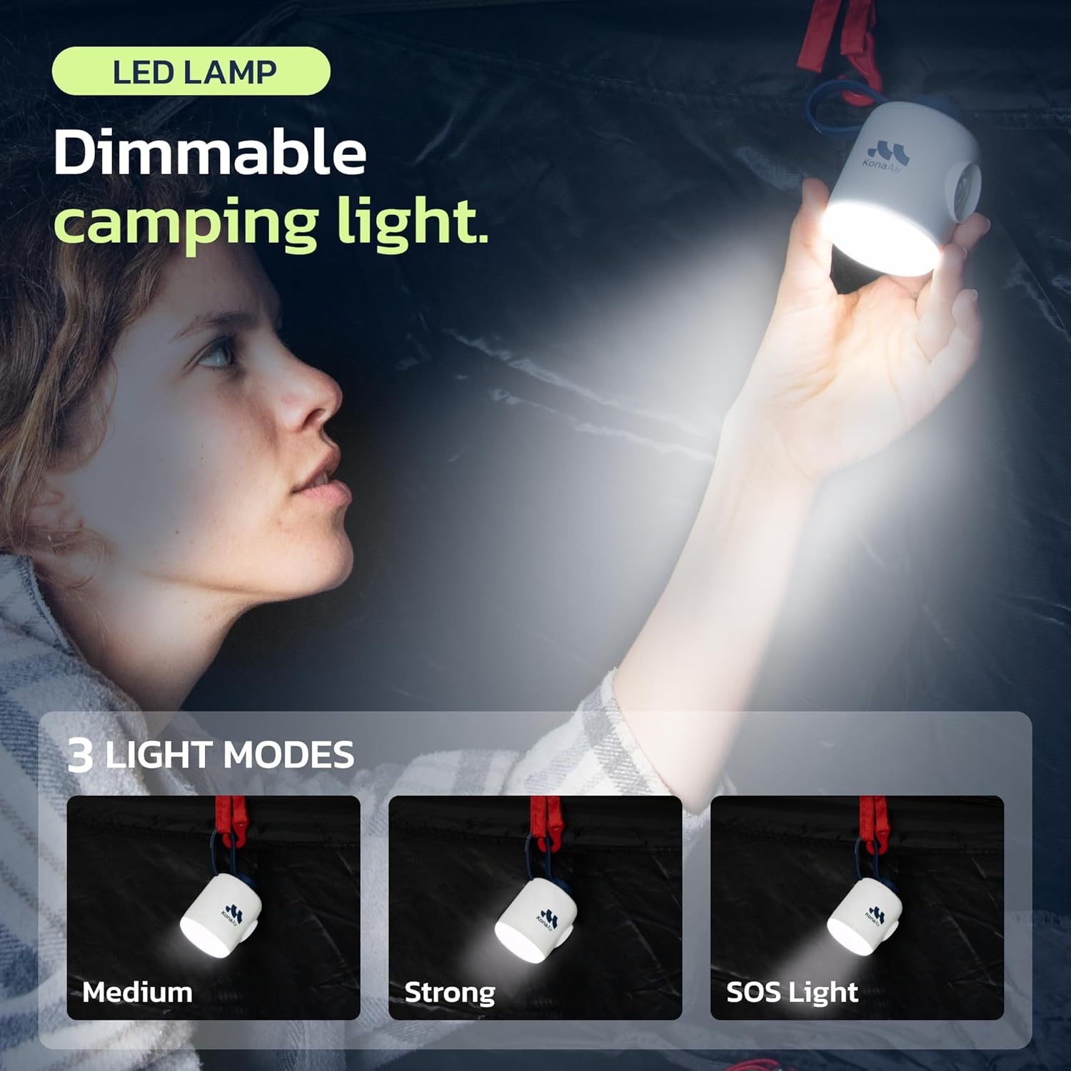 Woowind Kona Air pump demonstrating its three LED light modes: Medium, Strong, and SOS Light.