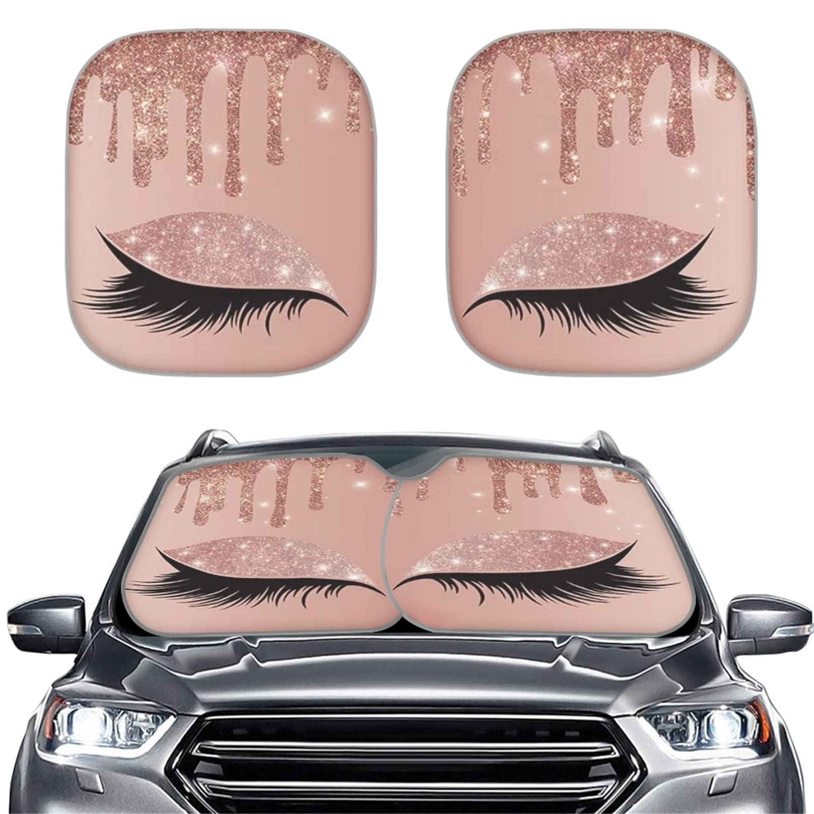 Biyejit Bling Eyeshadow Print 2 Piece Car Windshield Sun Shade Foldable Sunshade for UV Protection and Heat Reflector Universal Fit Most Vehicles