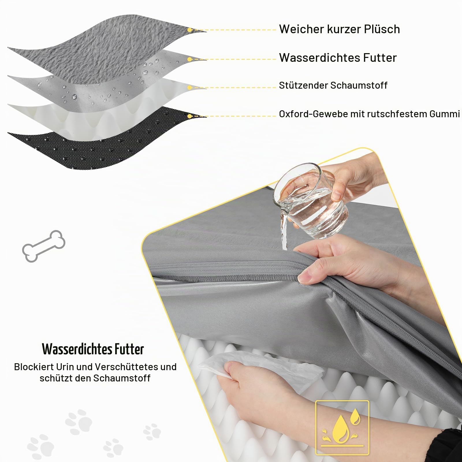 Orthopädisches Hundebett 112x81cm, Große Hundematte mit Abnehmbarem Waschbarem Plüschbezug, Wasserdichtes Hundekissen aus Eierkisten-Schaum, rutschfeste Unterseite für Große Hunde, Grau