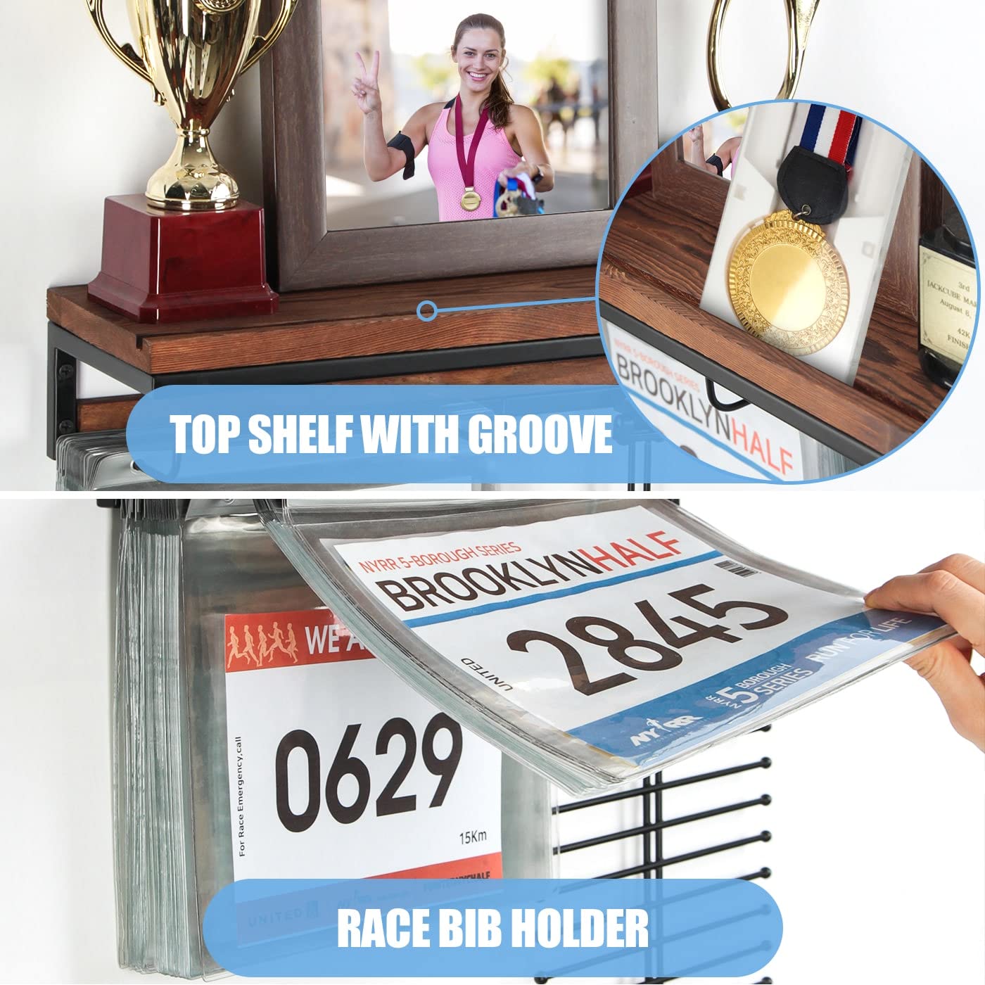 Colgador de pared para medallas de maratón con soporte de baberos, estante de trofeos y ganchos, 50 bolsas abatibles - MK817A
