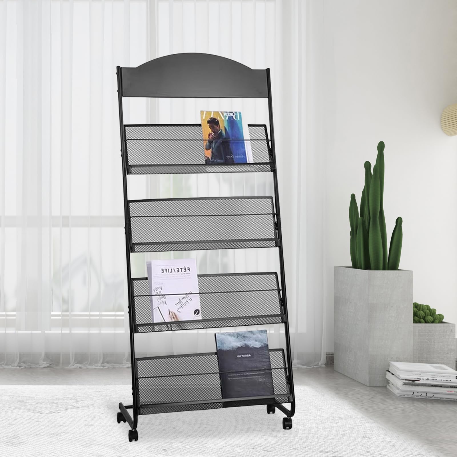 Présentoirs Support Au Sol Porte-brochures,Porte-revues,Présentoir à livres,Kiosque à Journaux Titulaire,3 feuilles A4 de largeur,Porte-revues,Avec roues universelles,Noir