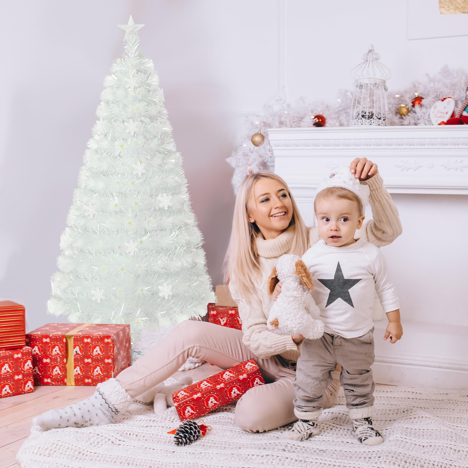 GYMAX Sapin de Noël Artificiel 150cm Lumineux LED, 24 Flocons de Neige de Lumières Multicolores, 170 Branches Blanches en Fibres Optiques, Support en Métal, pour Maison Magasin École Bureau