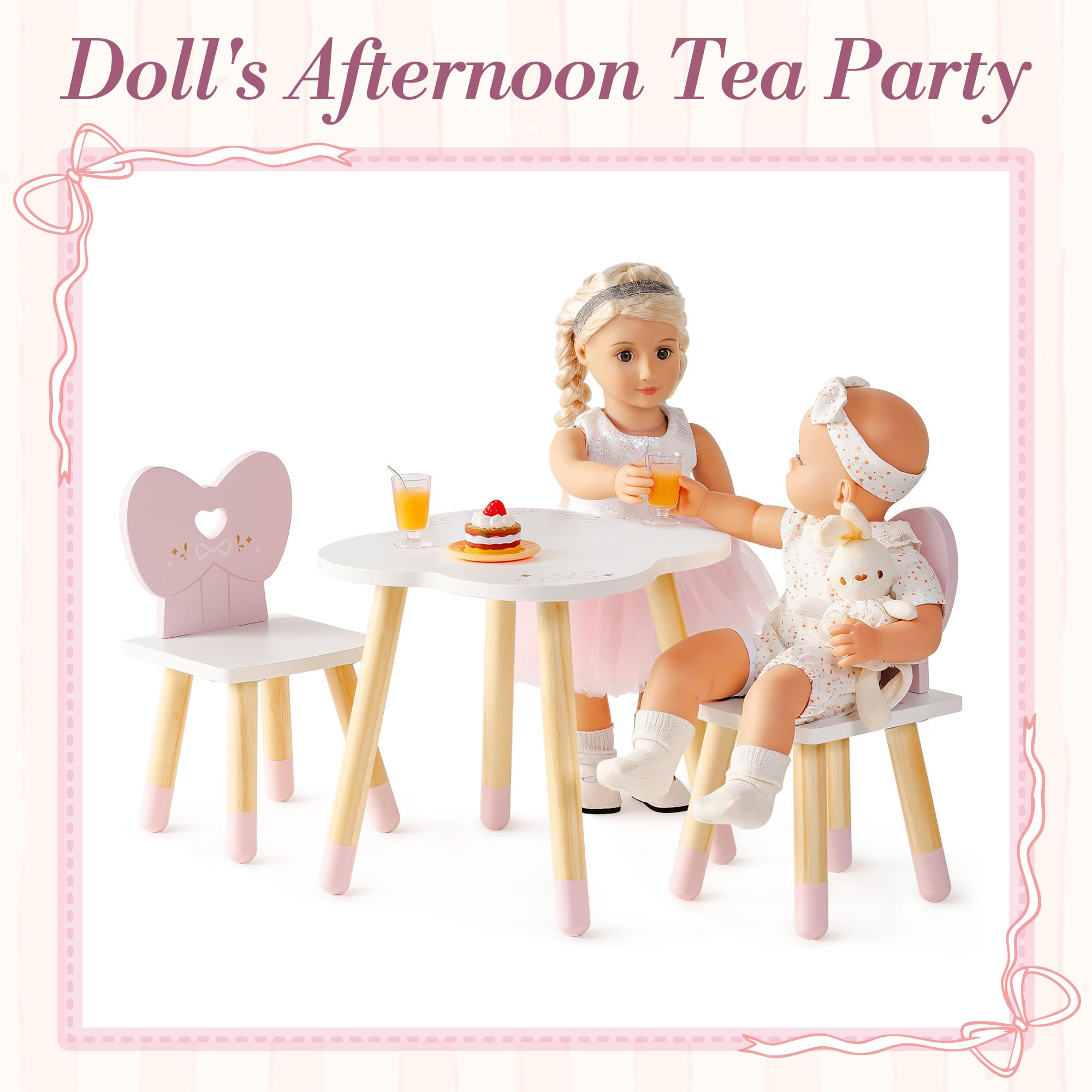 ROBUD 18 Inch Dolls Table Chairs Set, Wooden Doll Furniture Dining Table & 2 Chairs with Bow Heart Backrest - Image 3
