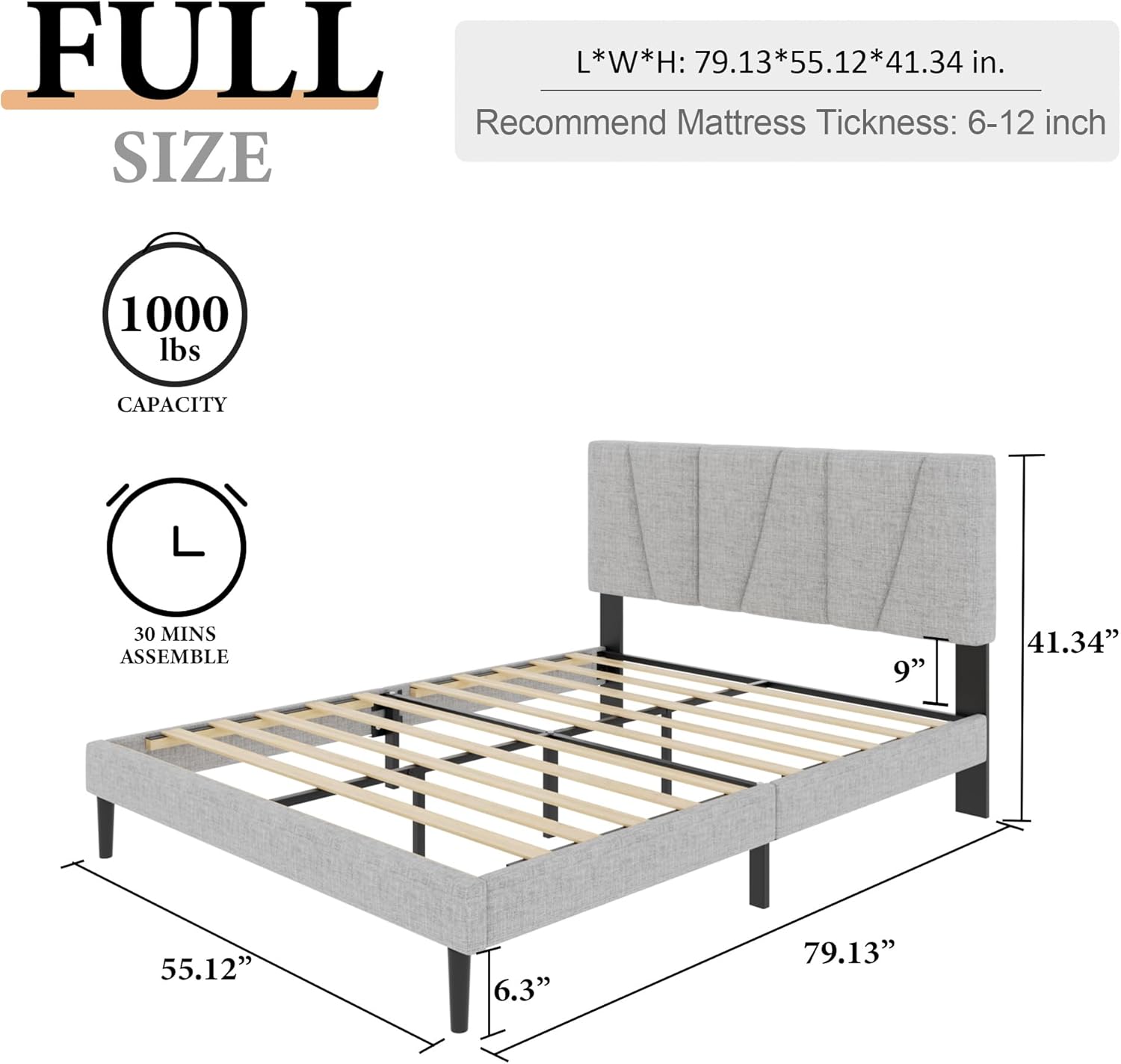 Full Size Platform Bed Frame with Upholstered Headboard, Wooden Slats Support, Noise Free, No Box Spring Needed, Easy Assembly, Light Grey, Linen