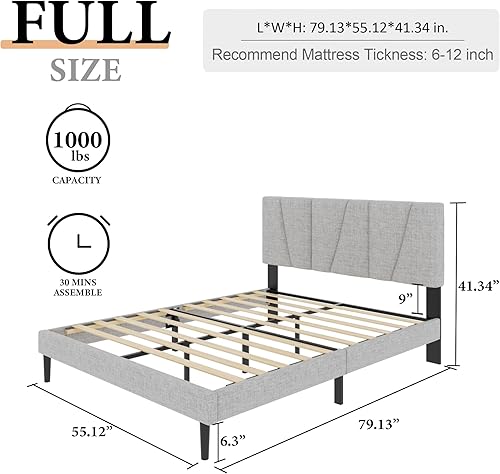 Miniatura 2 de Armazón de cama de plataforma tamaño completo con cabecera tapizada, soporte de listones de madera, sin ruido, no necesita somier, fácil montaje,