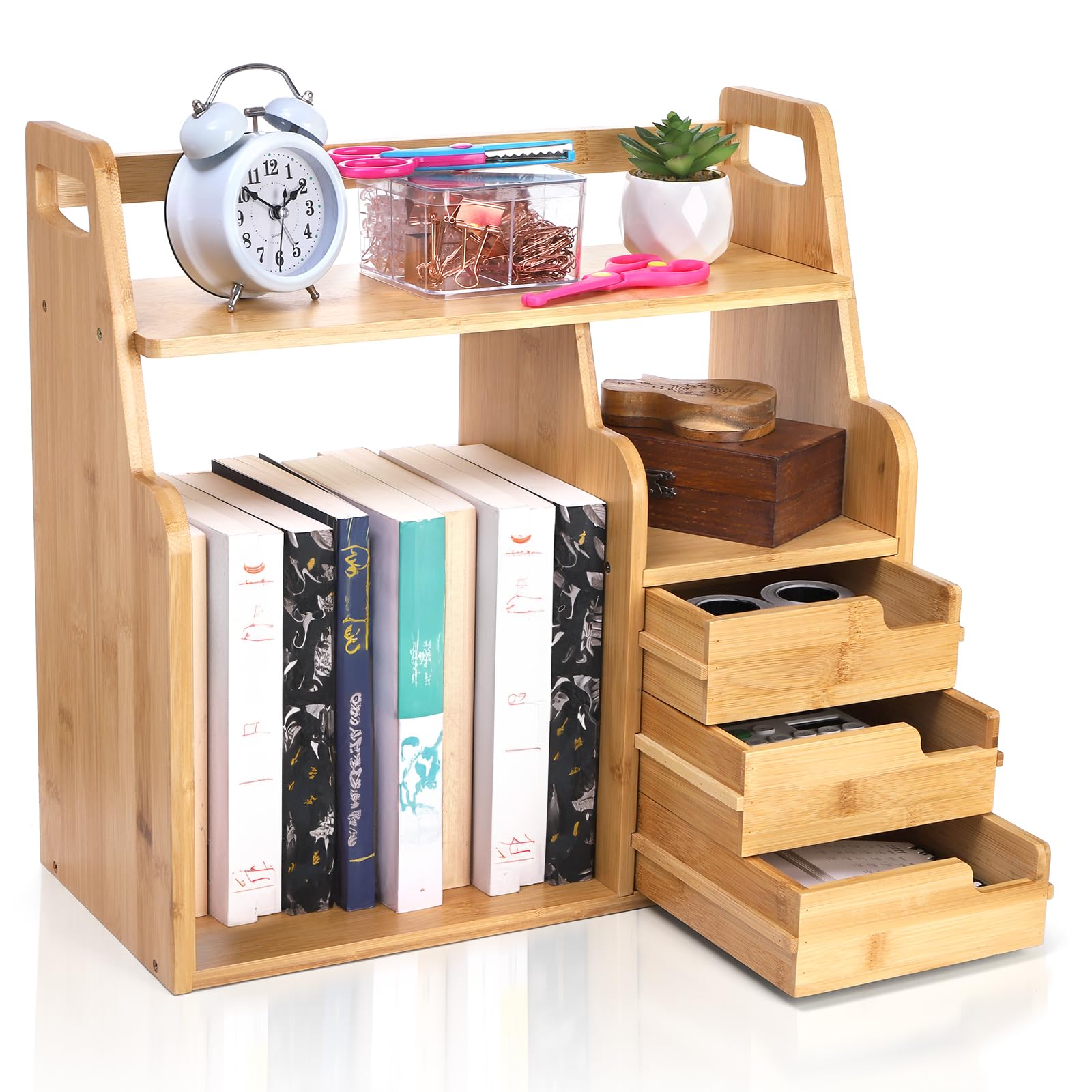 Fasmov Bamboo Desktop Bookshelf, Office Desk Bookshelf Organizer with 3 Drawers, Desk File Organizer Display Shelf Book Rack Bamboo Tabletop Storage Organization for Office Home School