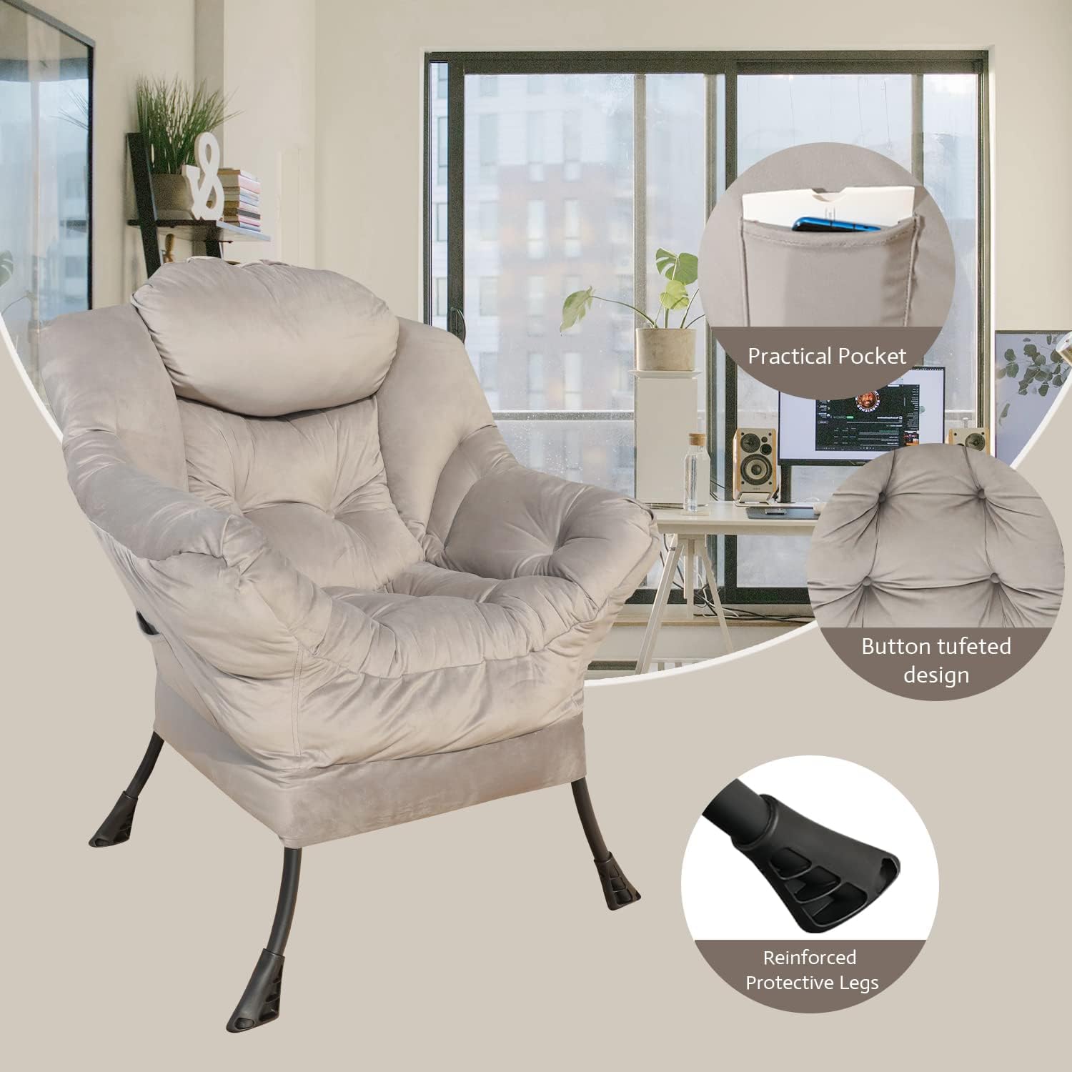 GOLDSUN Accent Chair Lazy Reclining Armchair with Removable Metal Legs and Side Pocket, Comfy Upholstered Single Sofa Chair for Living Room, Bedroom, Office (Grey with Ottoman) : Home & Kitchen