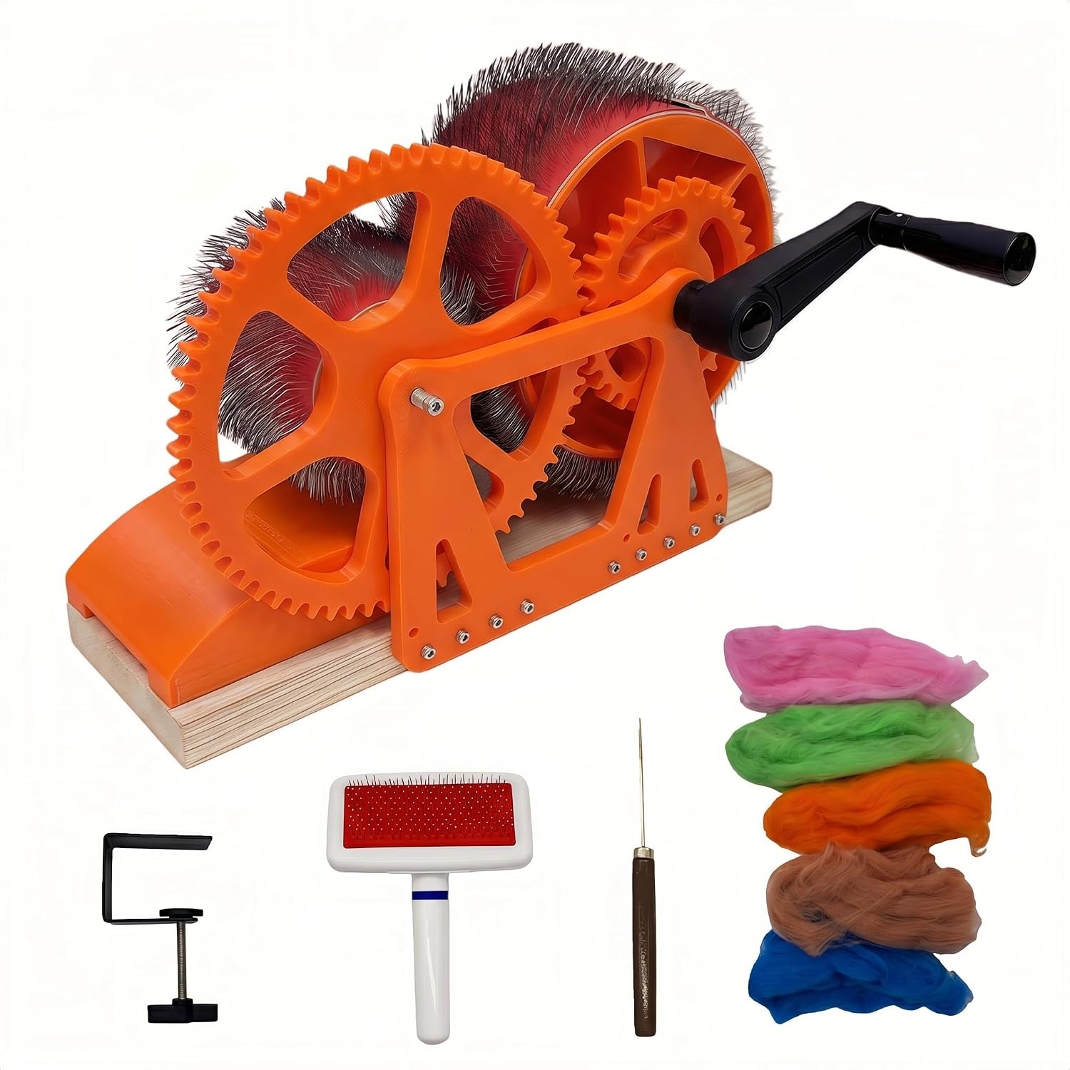 Feqaeqe Manual Wool Drum Carder, Wool Carding Machine with Foldable Handle, Starter Kit for Fiber Blending & Combing, Includes 5 Colors Wool, Awl, Brush and Table Clamp for DIY Felting and Spinning