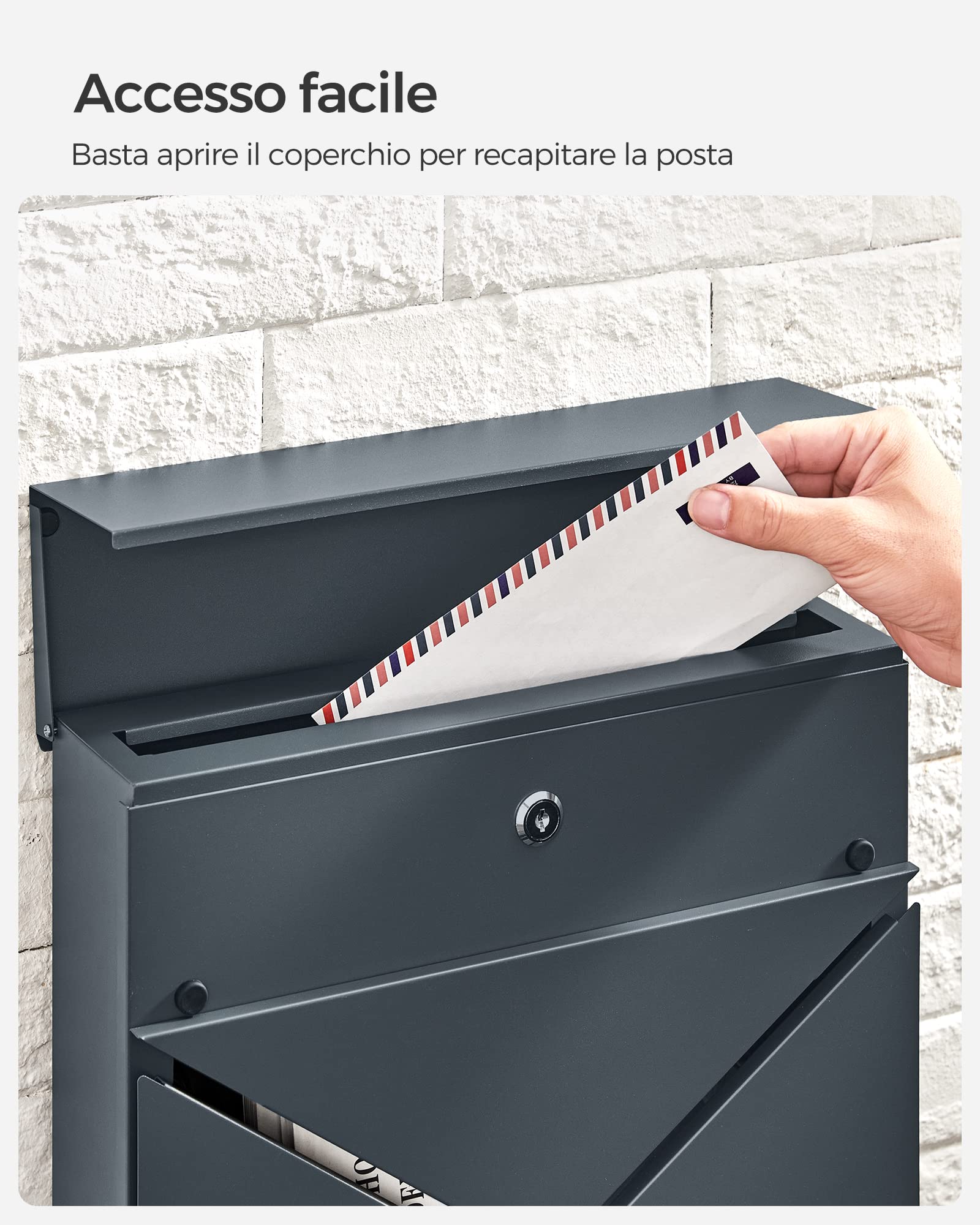 HOMCOM Cassetta Postale In Acciaio Zincato | 3 Fessure, 2 Chiavi | 45x10x32 Cm Grigio