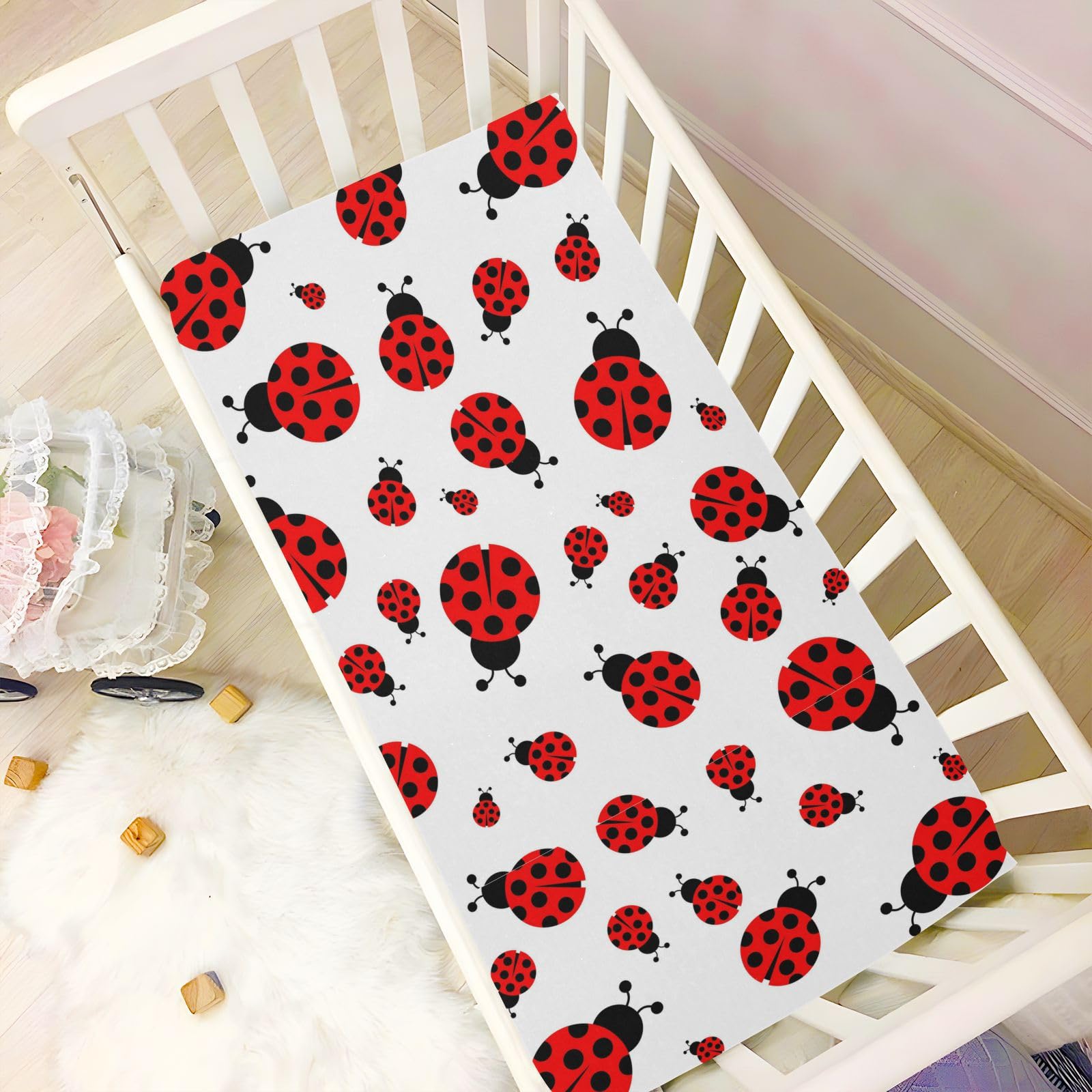 Pfrewn Crib Sheets for Boys Girls Red Ladybug Fitted Crib Sheet Fits Standard Crib Mattress Pads Stretch Soft Toddler Baby Sheet,52x28IN