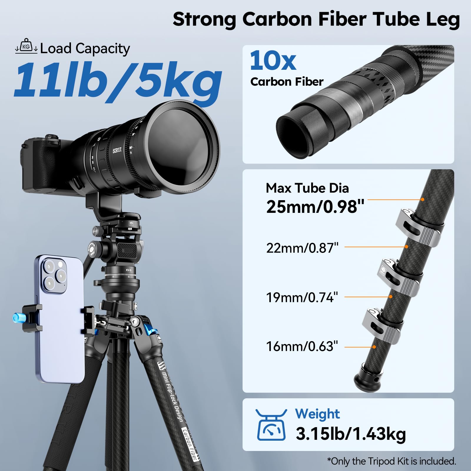 SIRUI Treppiede per Fotocamere in Fibra di Carbonio con Testa Fluida, 152cm Treppiede da Viaggio Professionale, Chiusure Rapide a Scatto, Colonna Centrale Reversibile, Carico Massimo 5kg, L-224FL+KV-5