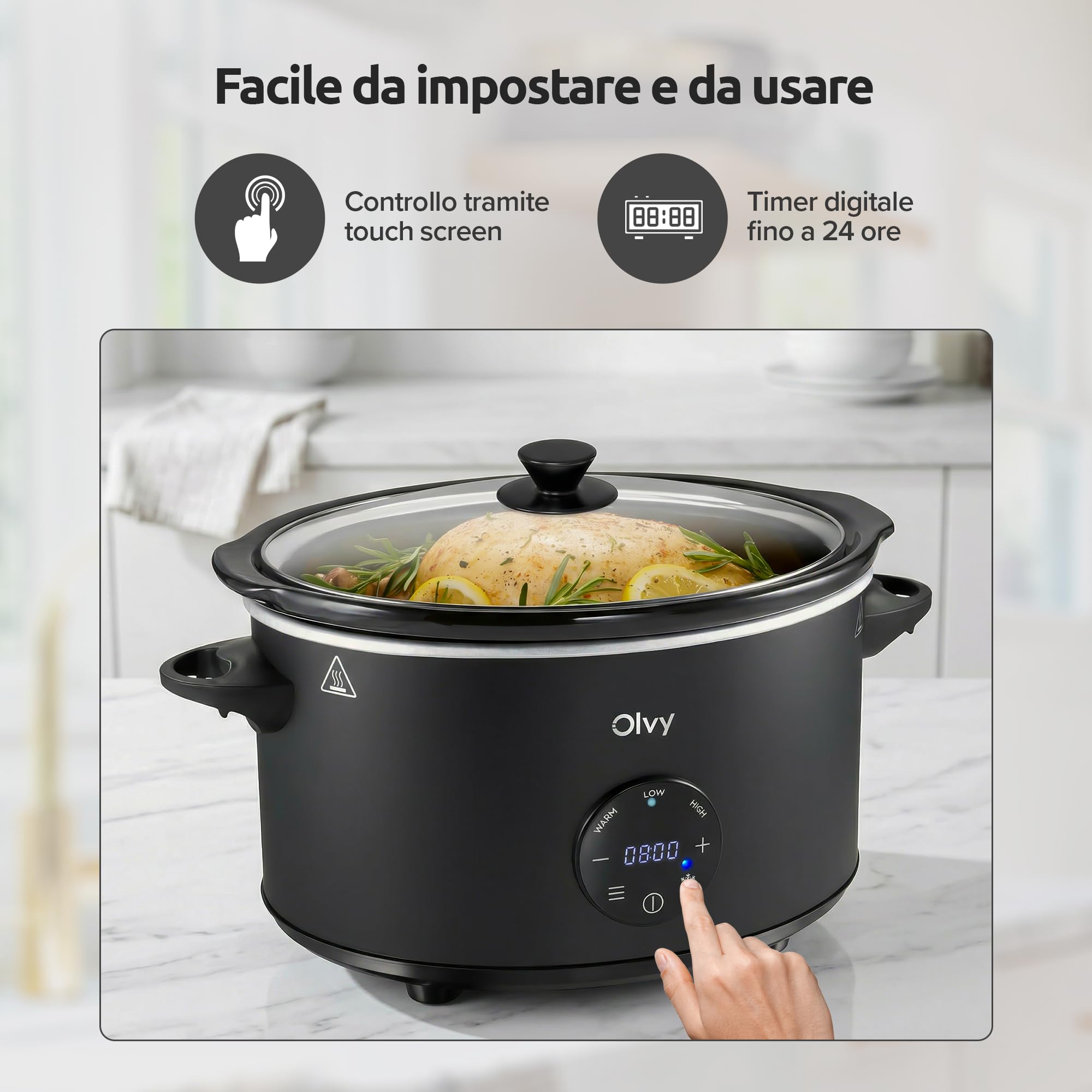 Olvy Slow Cooker - Casseruola digitale da 6 l, con timer, touch screen, funzione di scongelamento, timer 24 ore, 3 livelli, famiglia Meal Prep