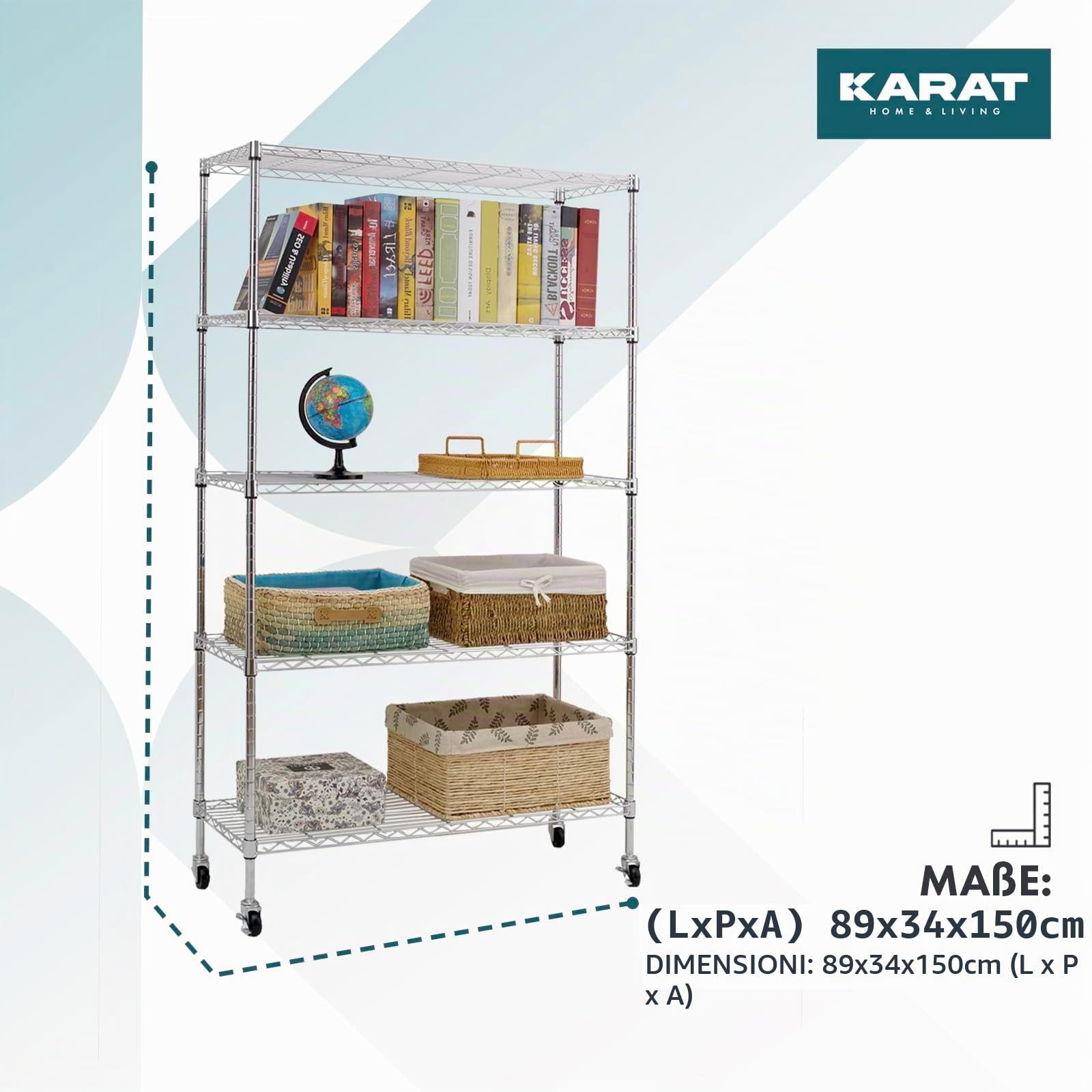 KARAT Scaffalatura su rotelle, in Metallo con 5 Ripiani, Carrello per Cucina, Bagno, Cantina, ripostiglio Fino a 120 kg, Carrello da Cucina su Ruote, Cromato 89 x 34 x 150 cm