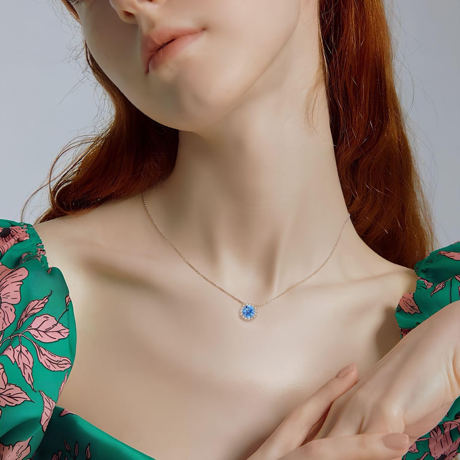 Sterling Silver Necklace for Women Dainty Blue Pendant Sparkling Halo Necklace Round Solitaire Pendant Diamond Jewelry Blue - Image 3