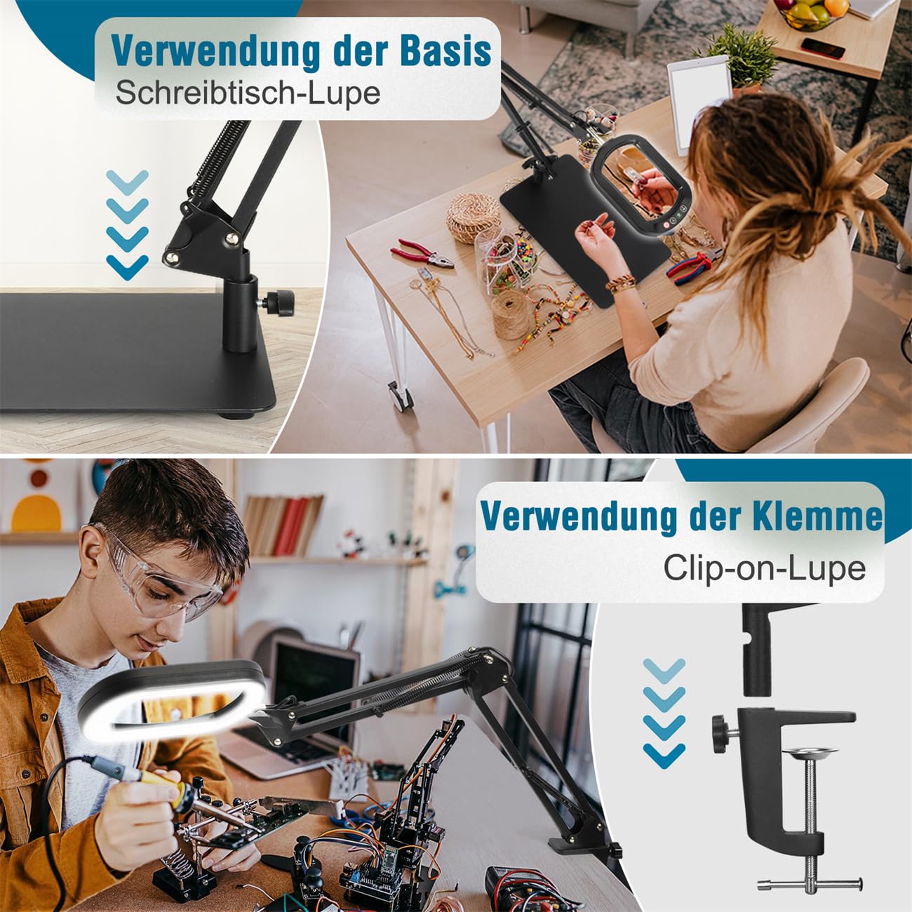 Veemagni Rectangular 12X Lupa con Luz y Soporte, 5 Modos de Color Regulable sin Niveles, Lámpara de Escritorio 2 en 1 con Iluminación LED y Abrazadera, Manos Libres Lupa de para Lectura Afición