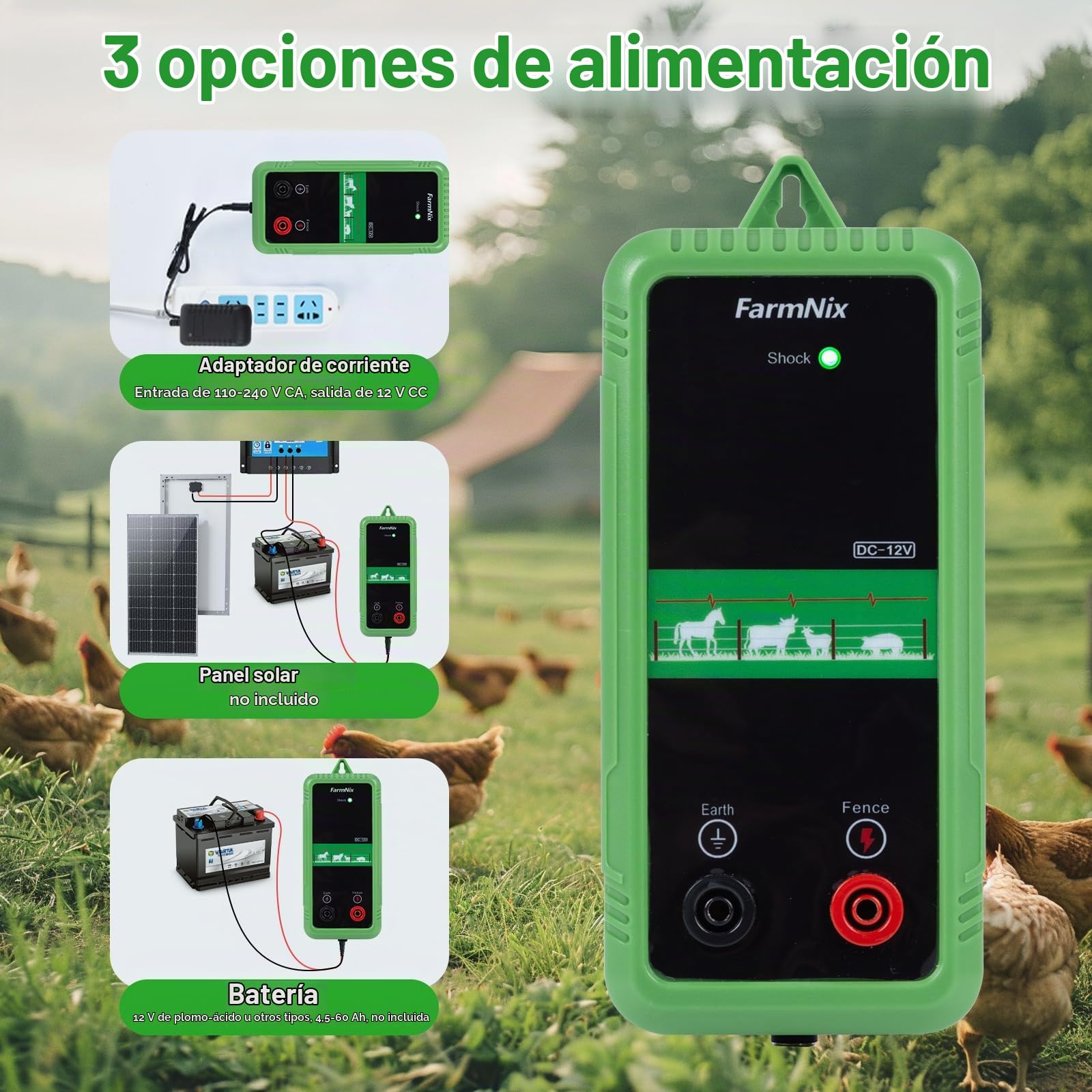 Energizador de Cerca Eléctrica 8KM, 1J, 12V, Salida 10KV | Bajo Consumo, Compatible AC/DC/Solar para Jardín, Granja y Pastos Pequeños