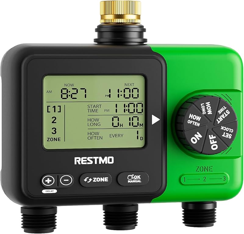 3-Zone Sprinkler Timer for Garden Hose with Brass Inlet | Triple Outlet Programmable Timer Up to 9h59m, Rain Delay/Manual/Automatic, Outdoor Hose Timer for Lawn and Soaker Hose