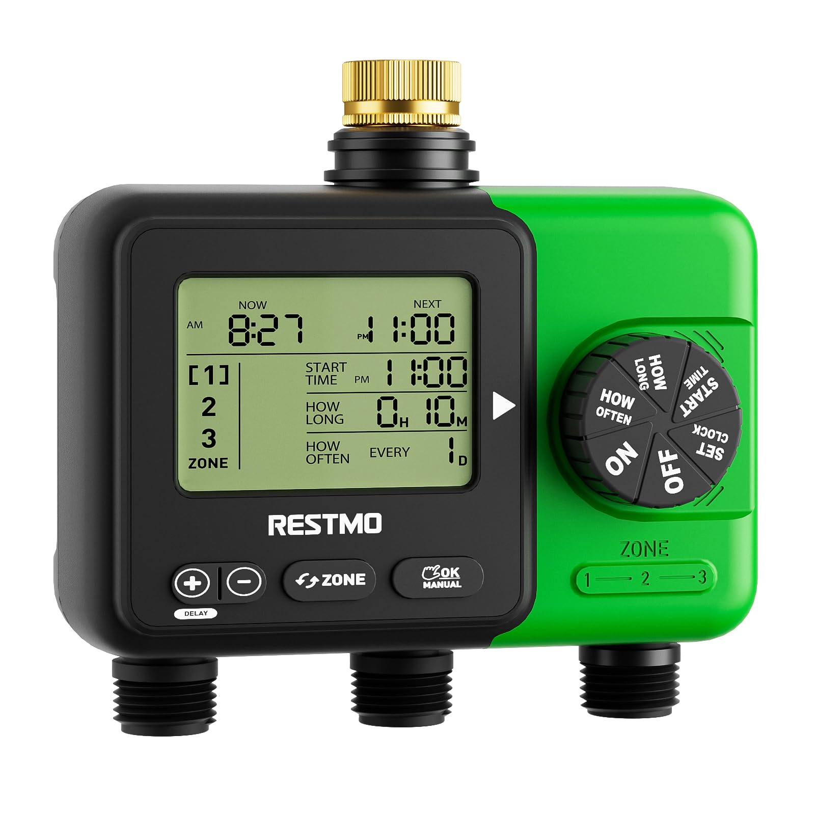 RESTMO Timer irrigatore per rubinetto esterno a 3 zone, fino a 9h59 m, timer di irrigazione programmabile per tubo di irrigazione, riempimento, nebulizzazione con ingresso in ottone, ritardo pioggia