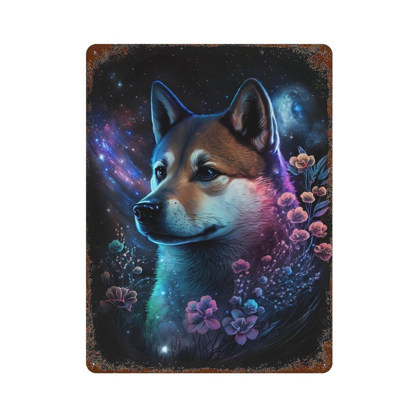 Galactic Wolf with Flowers -1 Rusty Metal Tin Sign 15.7"x11.8", Vintage Wall Decor for Garage, Pub Or Kitchen