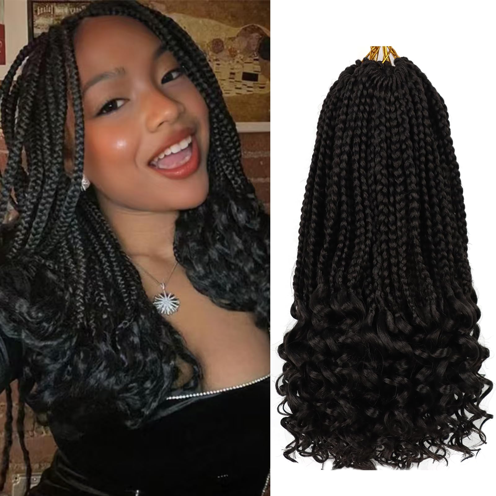 Goddess Box Braids Crochet Hair 14 Inch 8 Packs Crochet Box Braids Pre Looped Crochet Hair Crochet Hairs with Curly Ends Braids Hair for Black Women