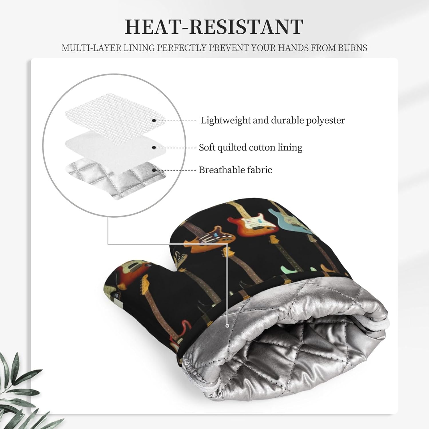 Art Guitar Pattern Oven Mitts and Pot Holders Set of 4 Heat Resistant Kitchen Gloves with Silicone Palm Hot Pads for Baking Cooking Grilling BBQ