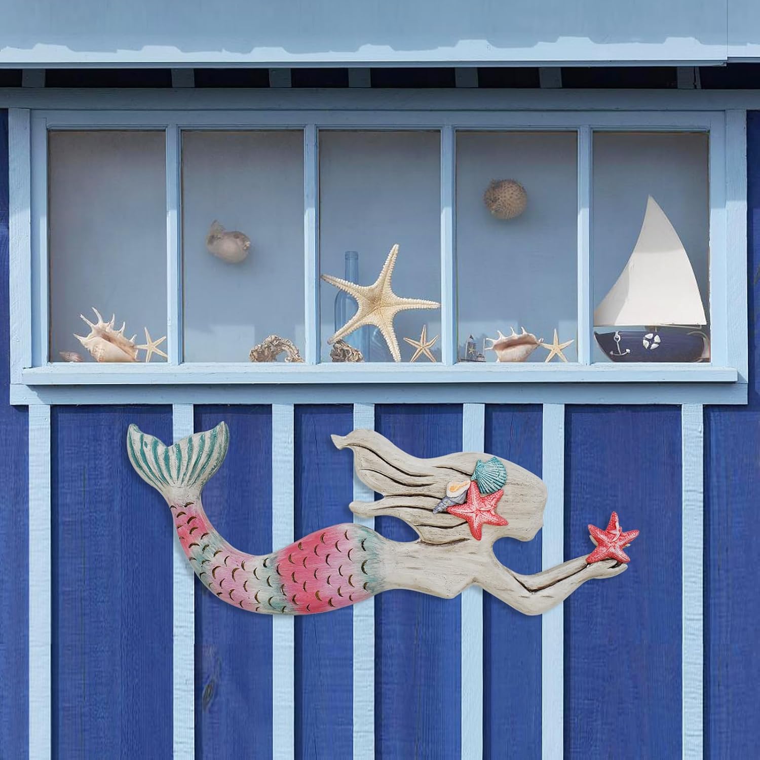 Linfevisi Wood Mermaid Decor Nautical Wall Art Hanging Sculpture Wall Statue Mermaid Wall Decor Plaque Beach House Coastal Ocean Sea Marine Themed Bathroom Swimming Pool Decorations 17X6.5 Inch Pink