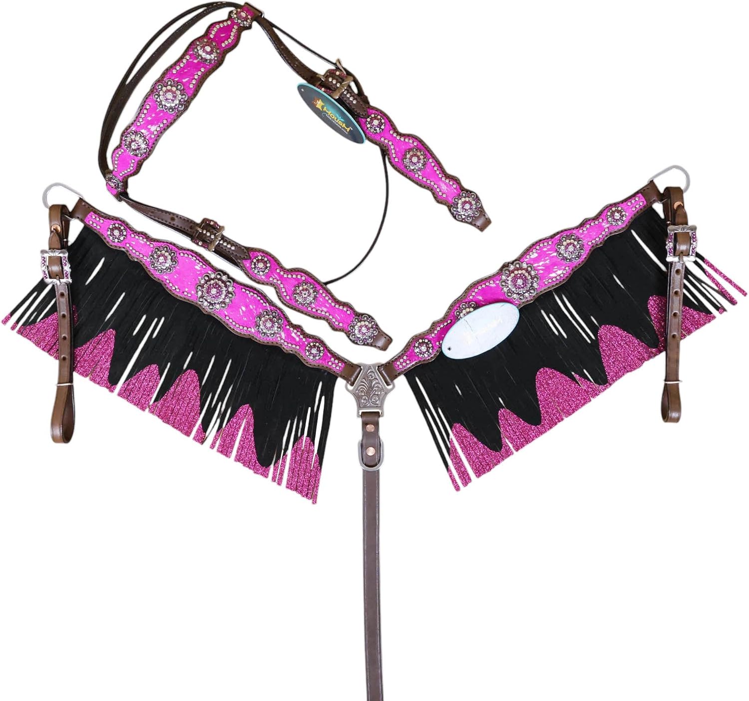 Browband Pink Western Headstall and Breast Collar Set | Cowhide Silver Patch Inlay, Flower Conchos, White & Pink Stones, Black Fringe | Argentina Cow Leather | Perfect Valentine’s Gift