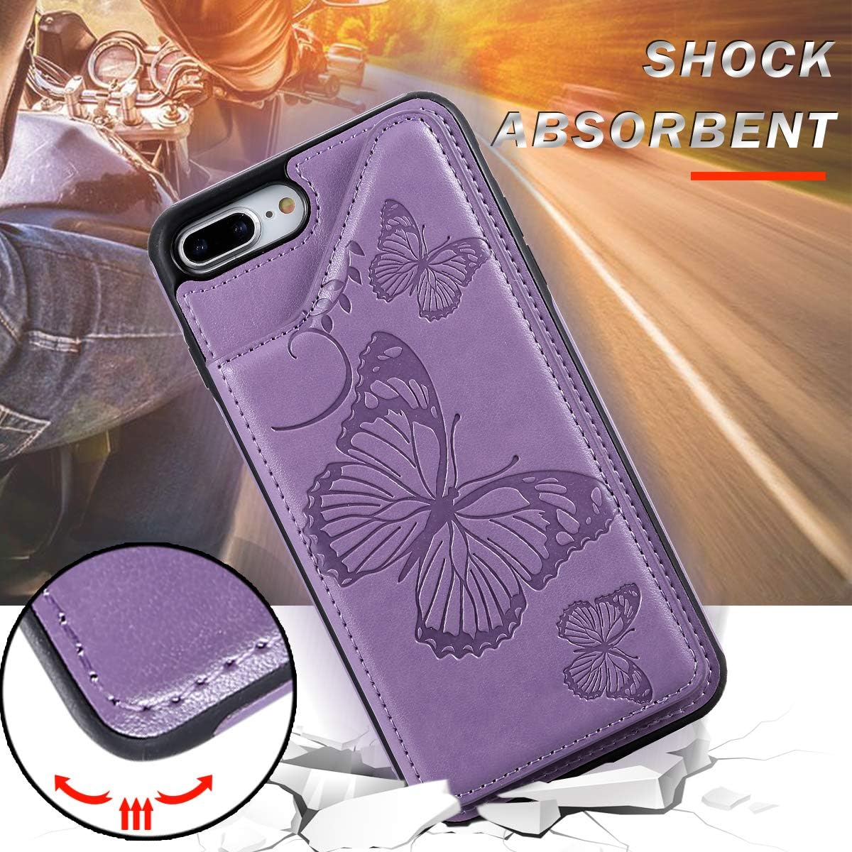 Vodico iPhone 8 Plus Wallet Case for Women,iPhone 7 Plus Case with Card Holder, Cute Girly Slim Folio Flip Butterfly Leather Magnetic Clasp Purse Case with Credit Card Slots&Stand for Girls (Purple)