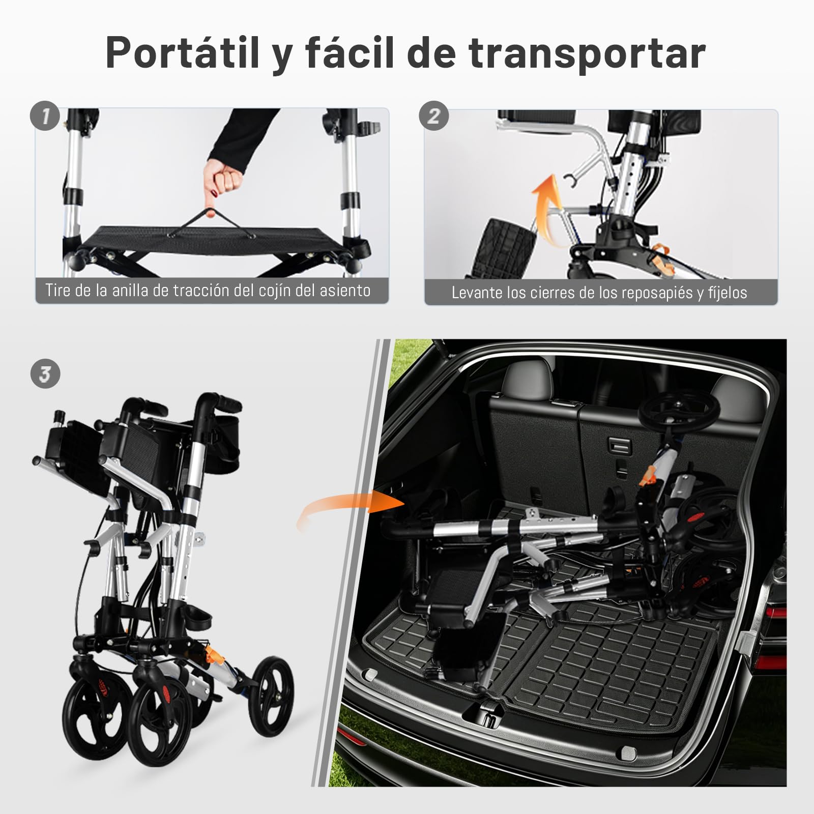 R3 - Andador y silla de ruedas 2 en 1 con reposapiés y bastón plegable, altura regulable, función de silla de ruedas, soporta hasta 100 kg (Plata)