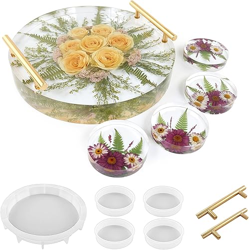 Miniatura 2 de Juego de moldes de bandeja de resina epoxi de cristal, incluye 1 molde de bandeja redonda grande, 4 moldes de posavasos pequeños, 1 par de asas de