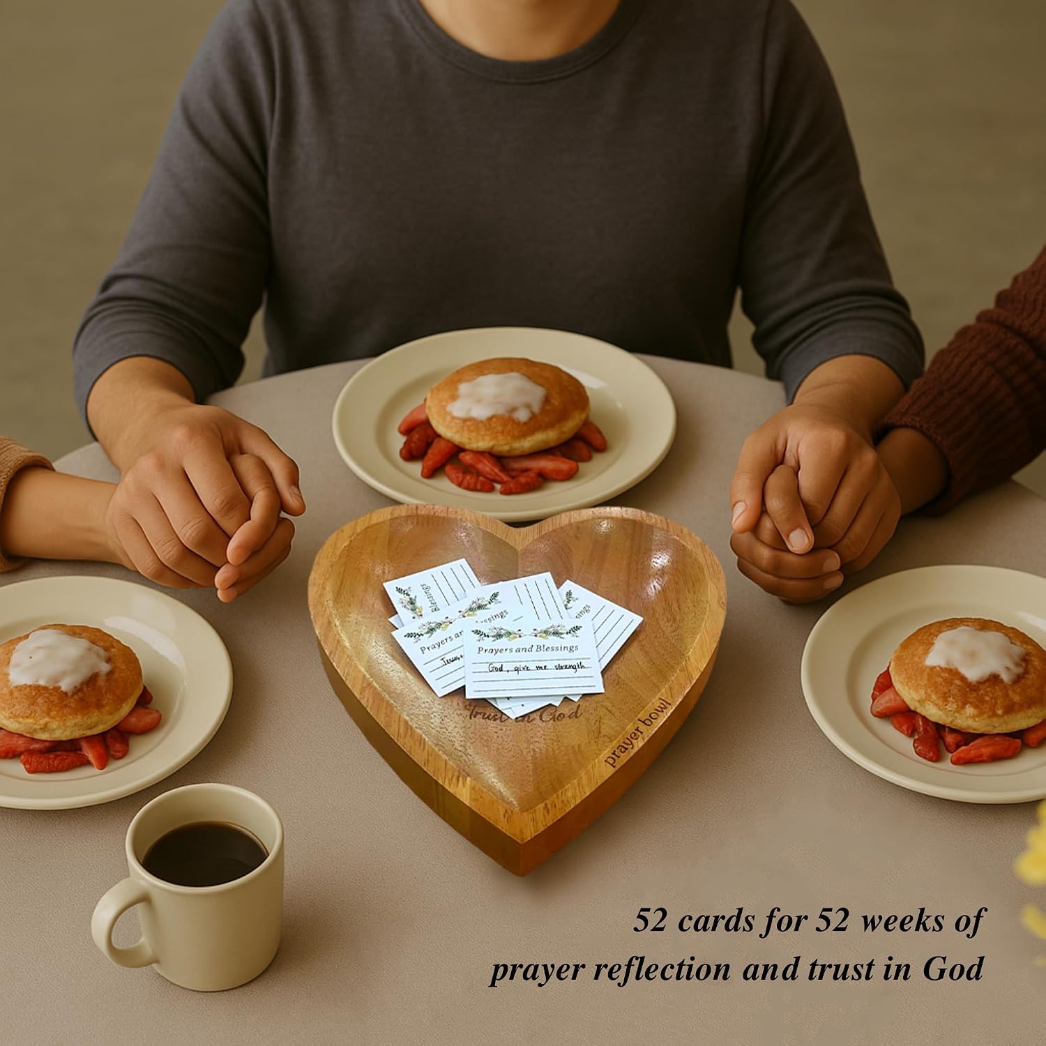 Prayer Bowl Wooden Trust In God - Christian Gifts for Mothers day, Wedding, Confirmation, Housewarming - Hostess Gift Ideas - Easter Prayer Room Decor - Heart Decorative Bowl 9" with 52 Scripture Card