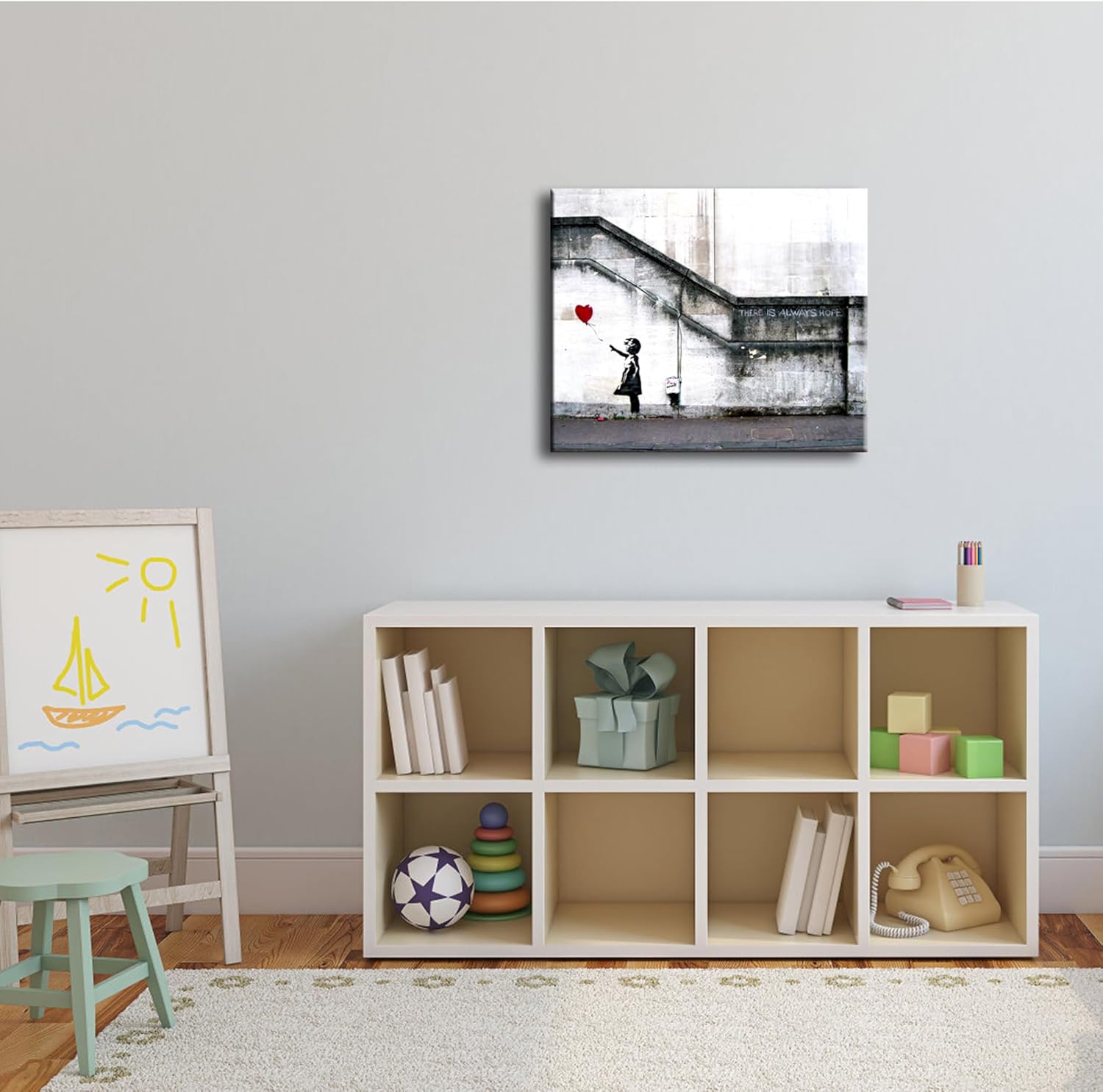 Wieco Art Banksy Grafitti Girl with Red Balloon Large Modern Gallery Wrapped Giclee Canvas Prints Artwork Grey Love Pictures Paintings on Canvas Wall Art for Living Room Bedroom Home Decorations