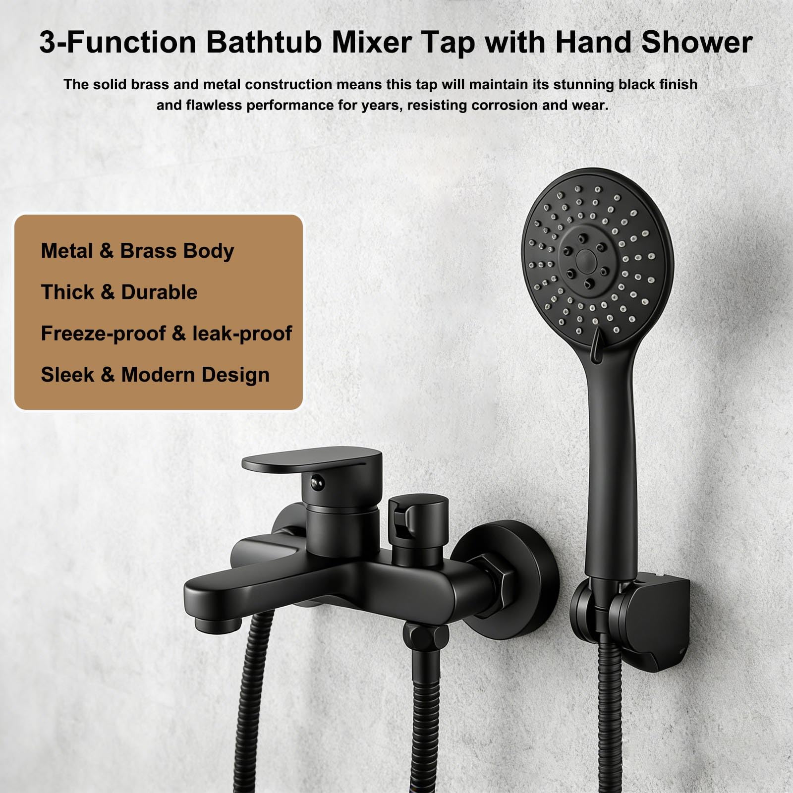 Conjunto de grifería para bañera negro con ducha de mano, grifería para bañera con cabezal de ducha de 3 funciones, manguera de PVC de 1,5 m, montaje en pared de 15 cm y boquilla anti-atasco, juego de