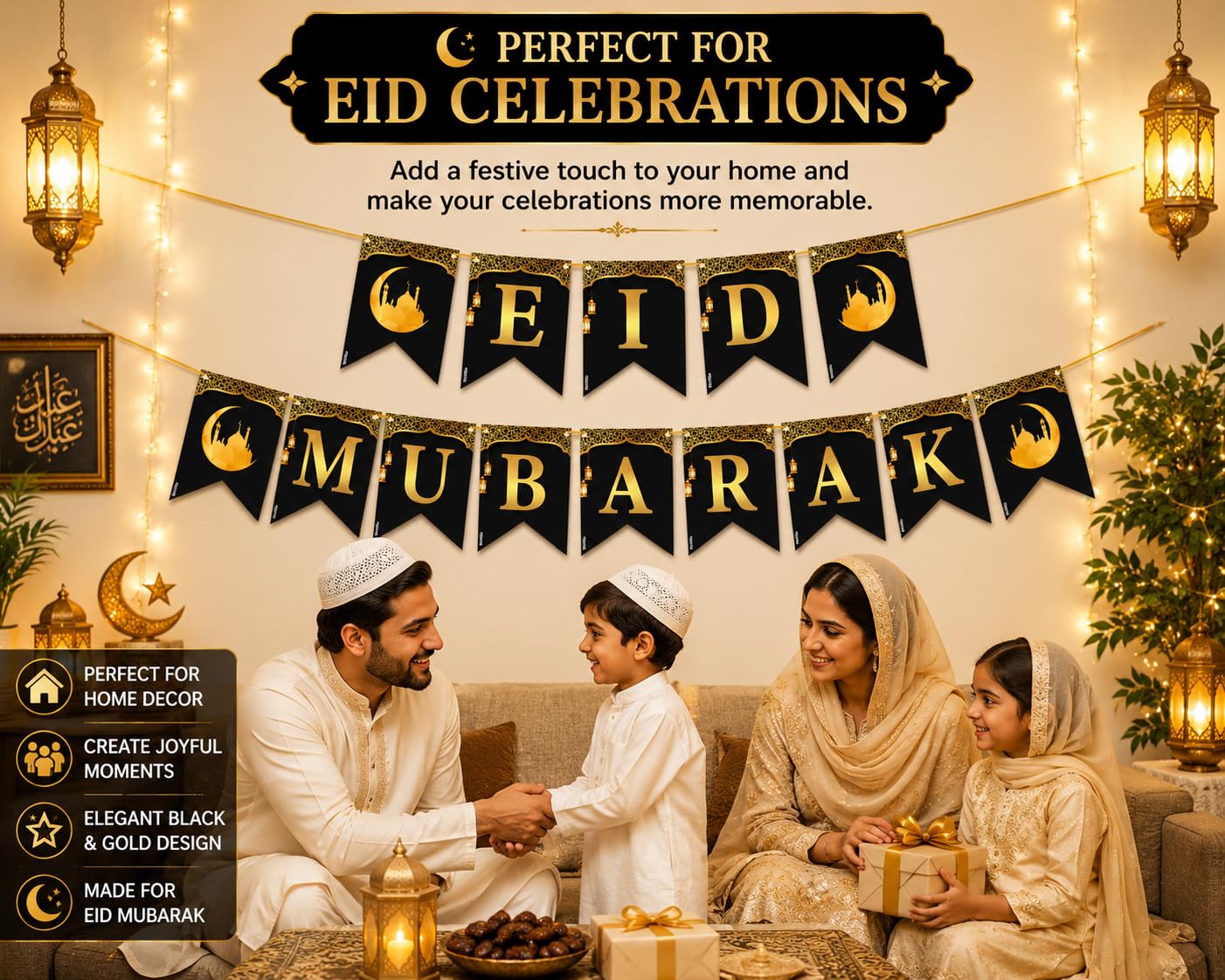 Festiko® Eid Mubarak Banner Decoration for Home, Black Gold Ramadan & Eid Kareem Banner, Islamic Mosque Lantern Theme Party Decor, DIY Hanging Banner, 350 GSM Paper Decor