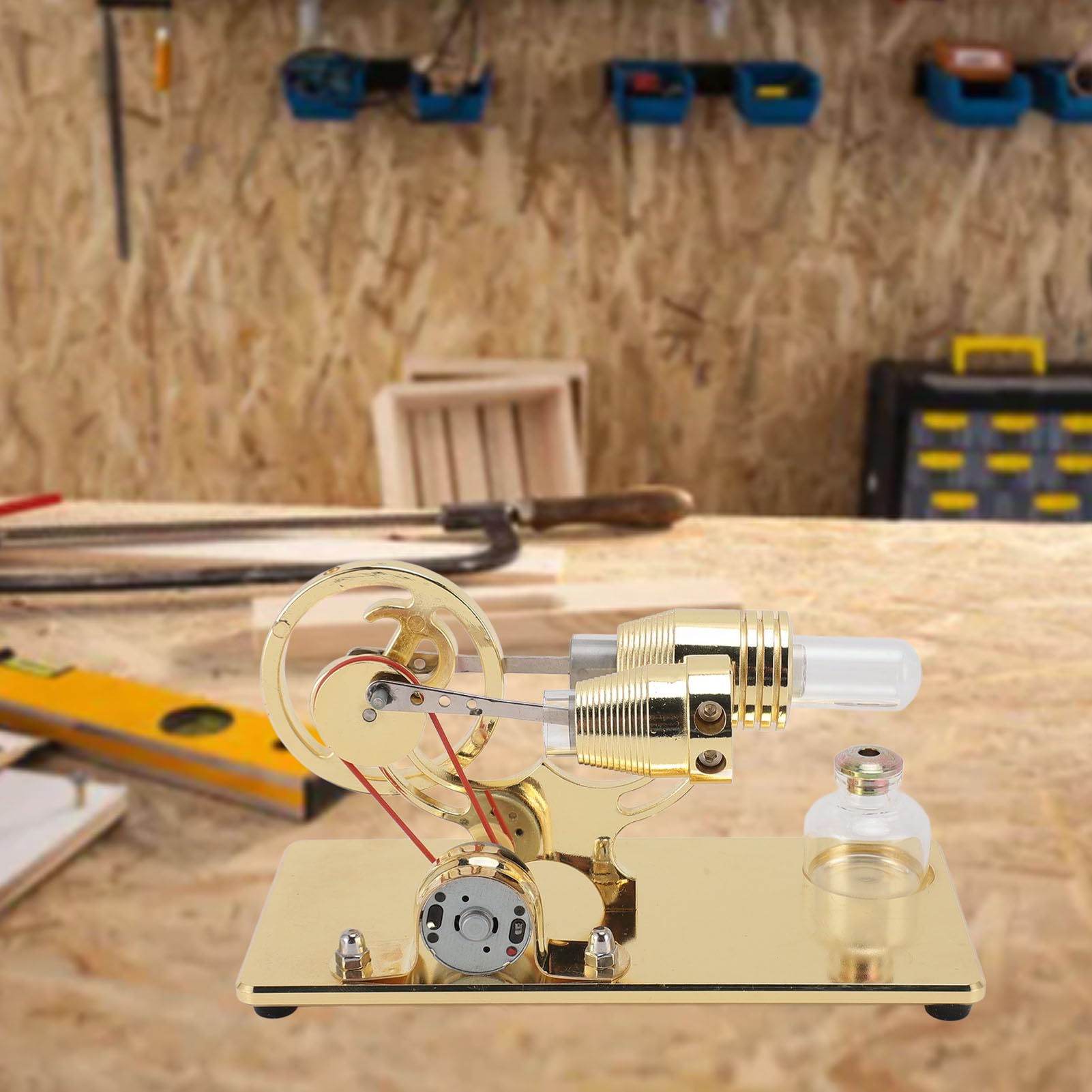 Alomejor Stirlingmotor-LED-Lichtmodell, Lernspielzeug für Kinderwissenschaftsprojekte, CNC-Grundplatte, 6,9 X 3,7 X 4,5 Zoll, Aluminiumlegierung, Glas (Gold)