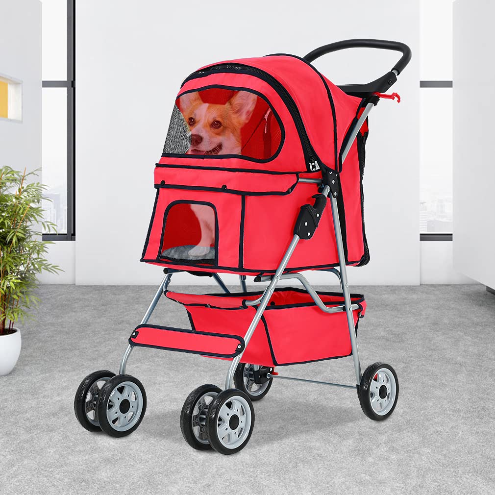 BestPet 4 Wheels Pet Stroller Cat Dog Cage Stroller Travel Folding Carrier with Cup Holders, Large Storage Basket, Weather Cover Removable Liner for Small-Medium Dog, Cat,Black : Pet Supplies