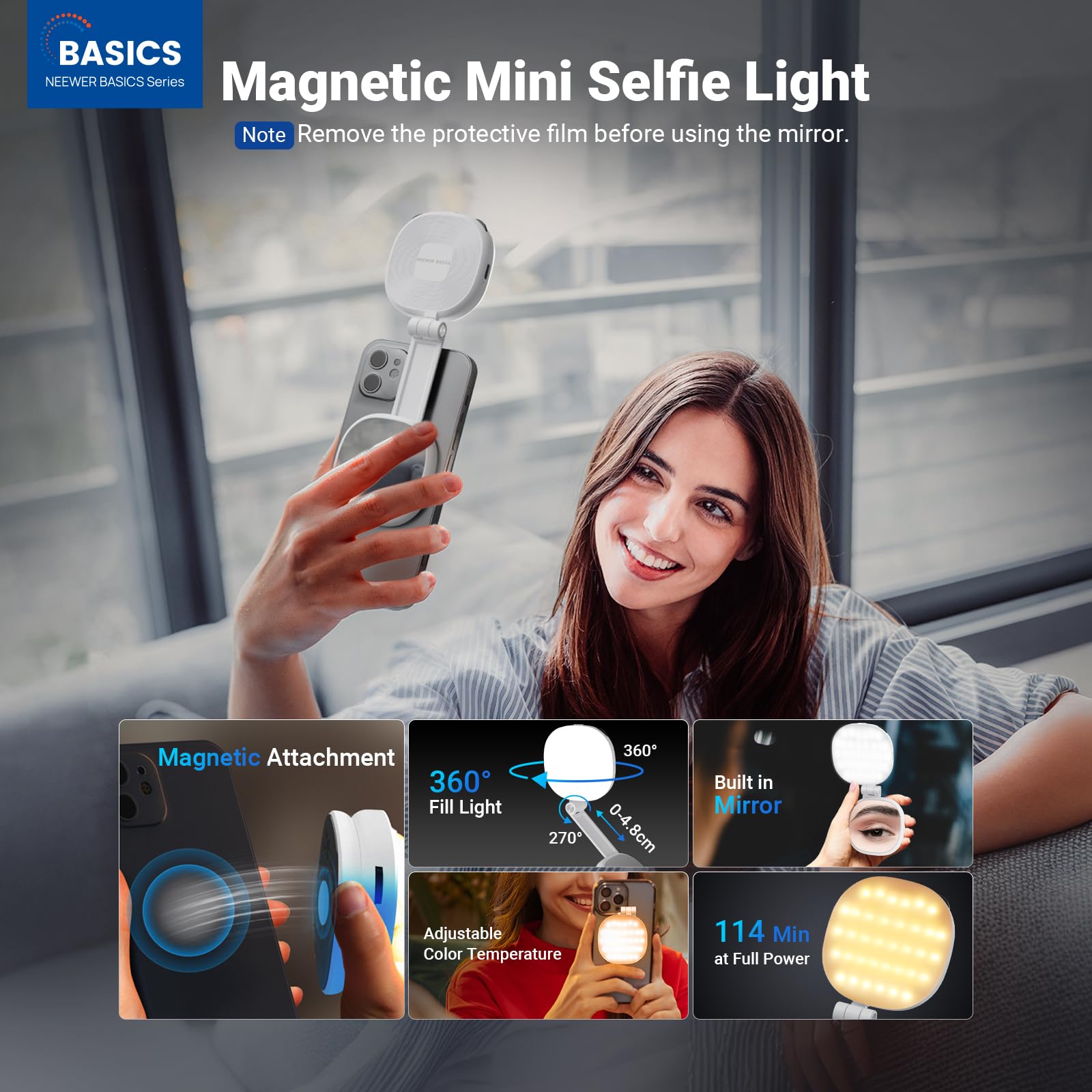 NEEWER BASICS Magnetic Selfie Light Compatible with MagSafe iPhone, CRI95 700lx/0.3m Folding LED Phone Fill Ring Lighting with Mirror for Zoom Makeup Photography Recording Video Conference,White NL48B