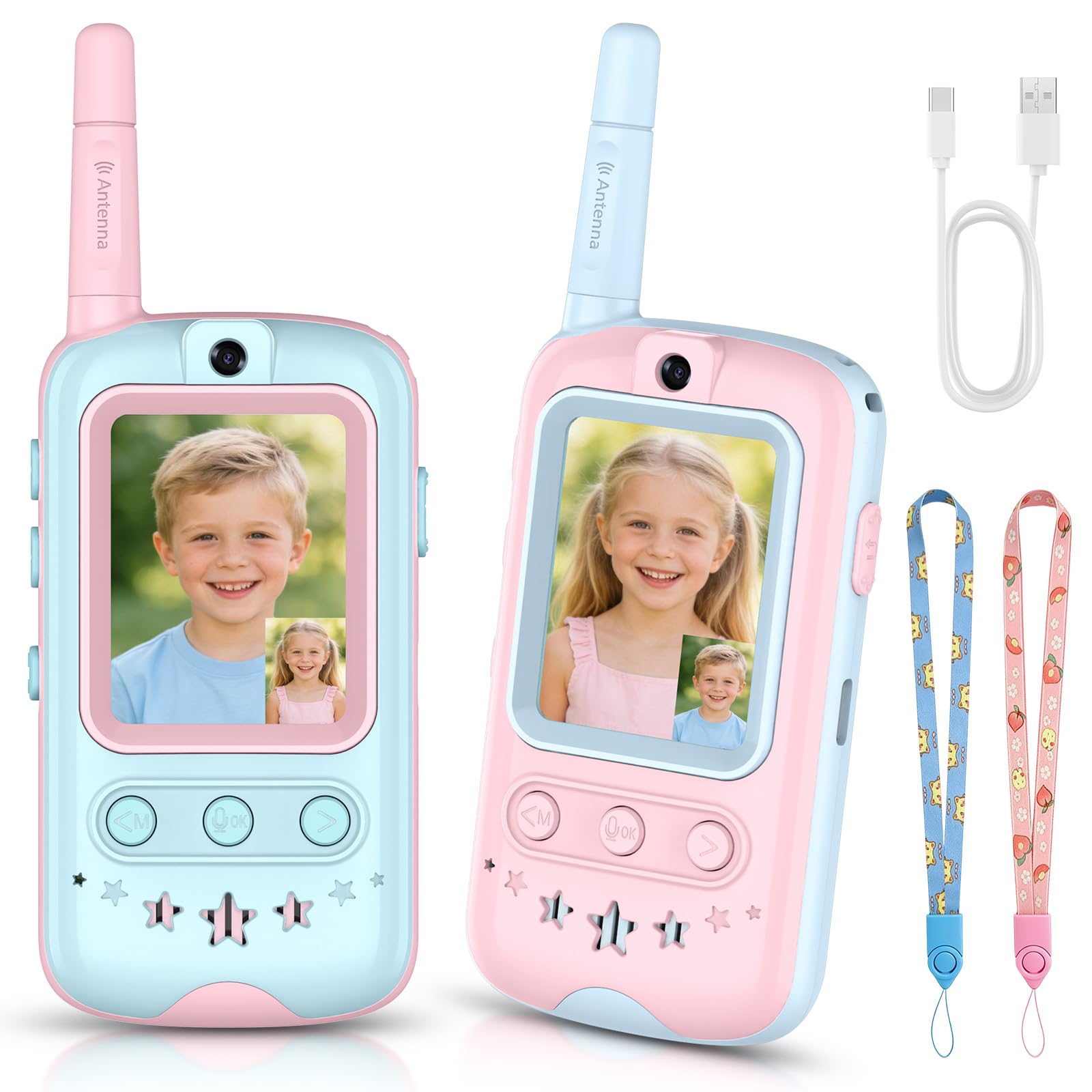 Walkie Talkie, Walkie Talkie Bambini Ricaricabili con Telecamera HD e Cambia Voce, Interazione Video per Giochi in Casa e all'Aperto, Regalo per Ragazzi e Radioline Walkie-Talkie (Rosa + Blu)