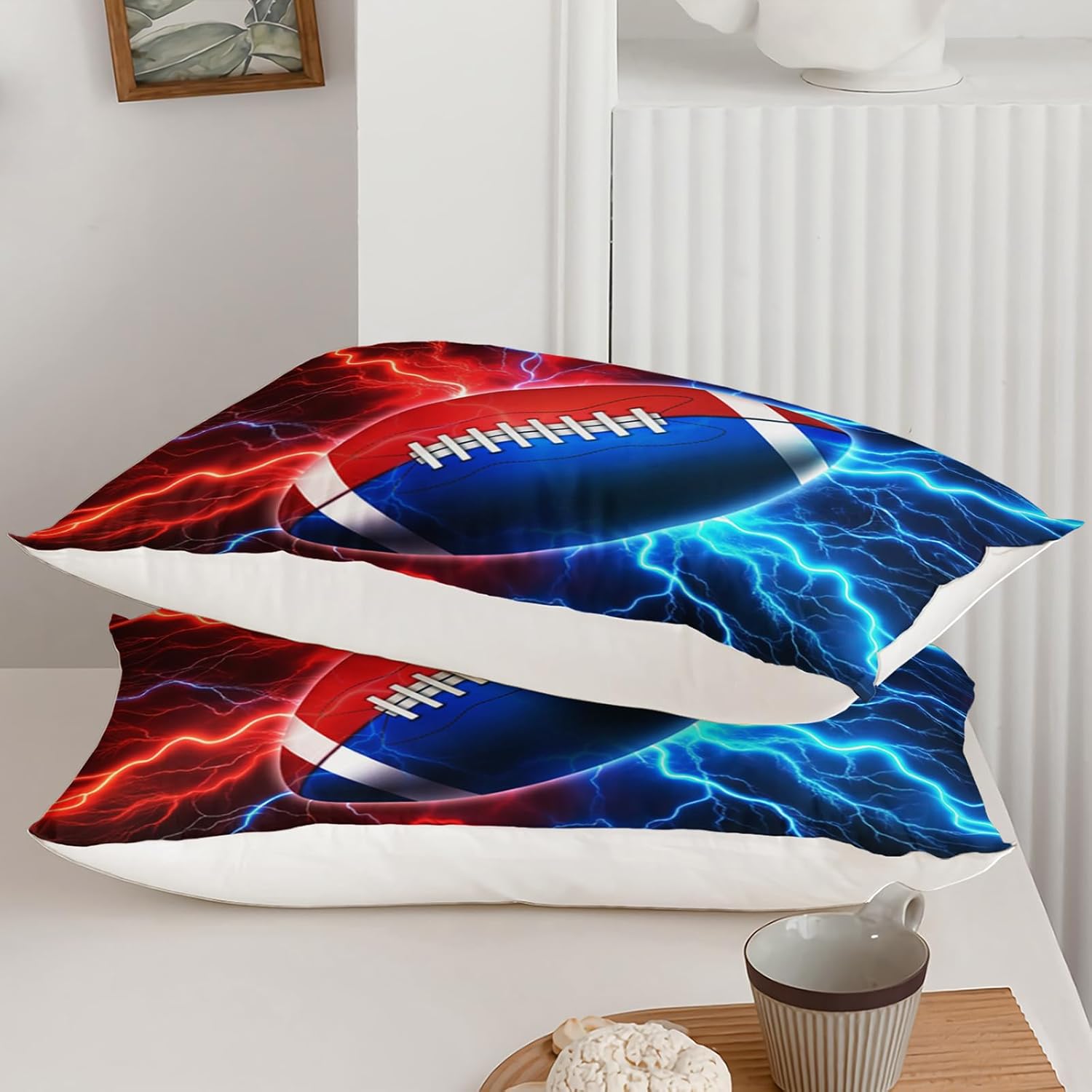 Rugby Comforter Set Queen Size, Red and Blue Flash Rugby Comforter Set for Kids Boys Girls, Sports Quilt Set Bedroom Bedclothes, 3D Sport Themed Bedding Set All Season
