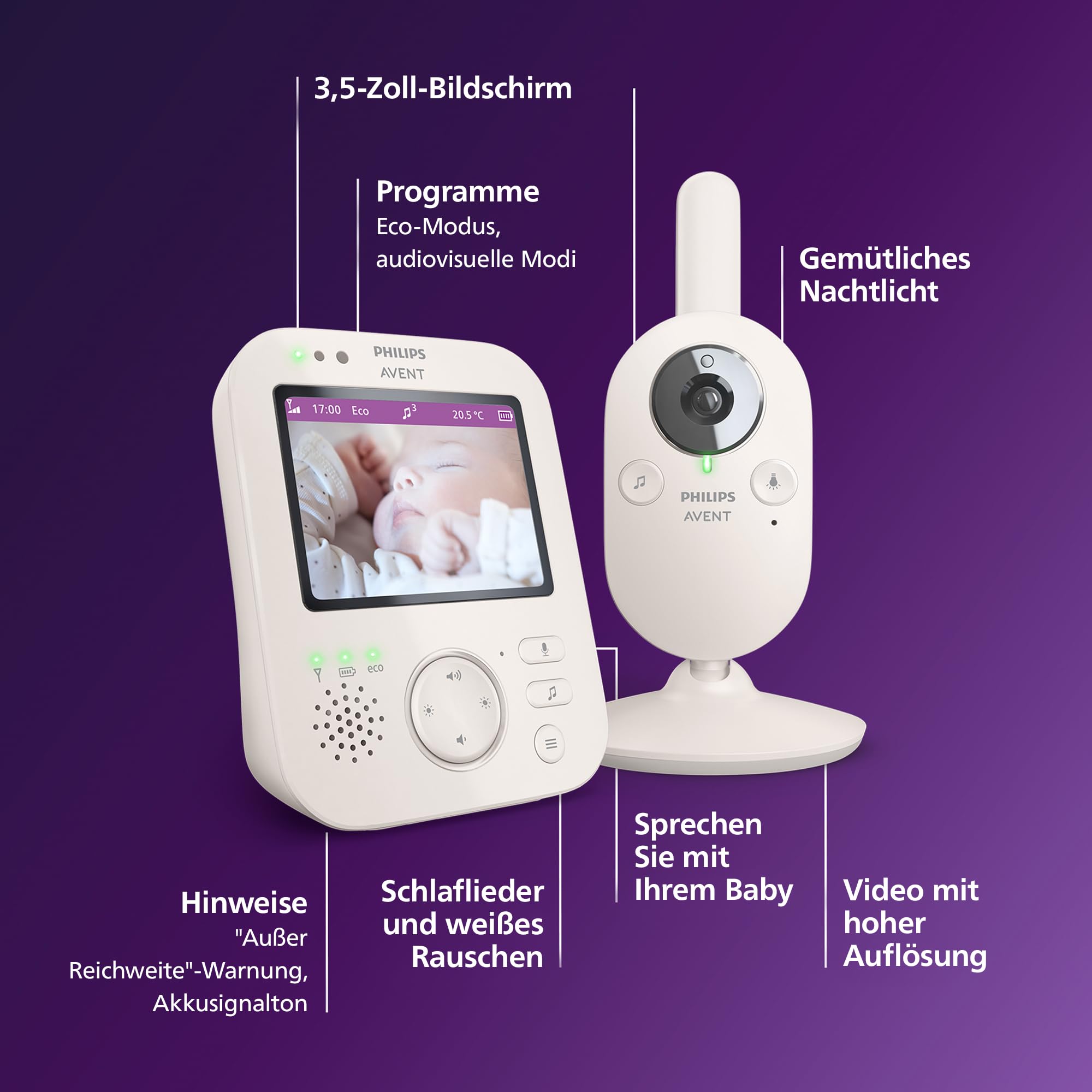 Philips AVENT Babyphone mit Kamera Premium 3.5" Display x4 Zoom Nachtsicht Schlafliedern Thermometer SCD891/26