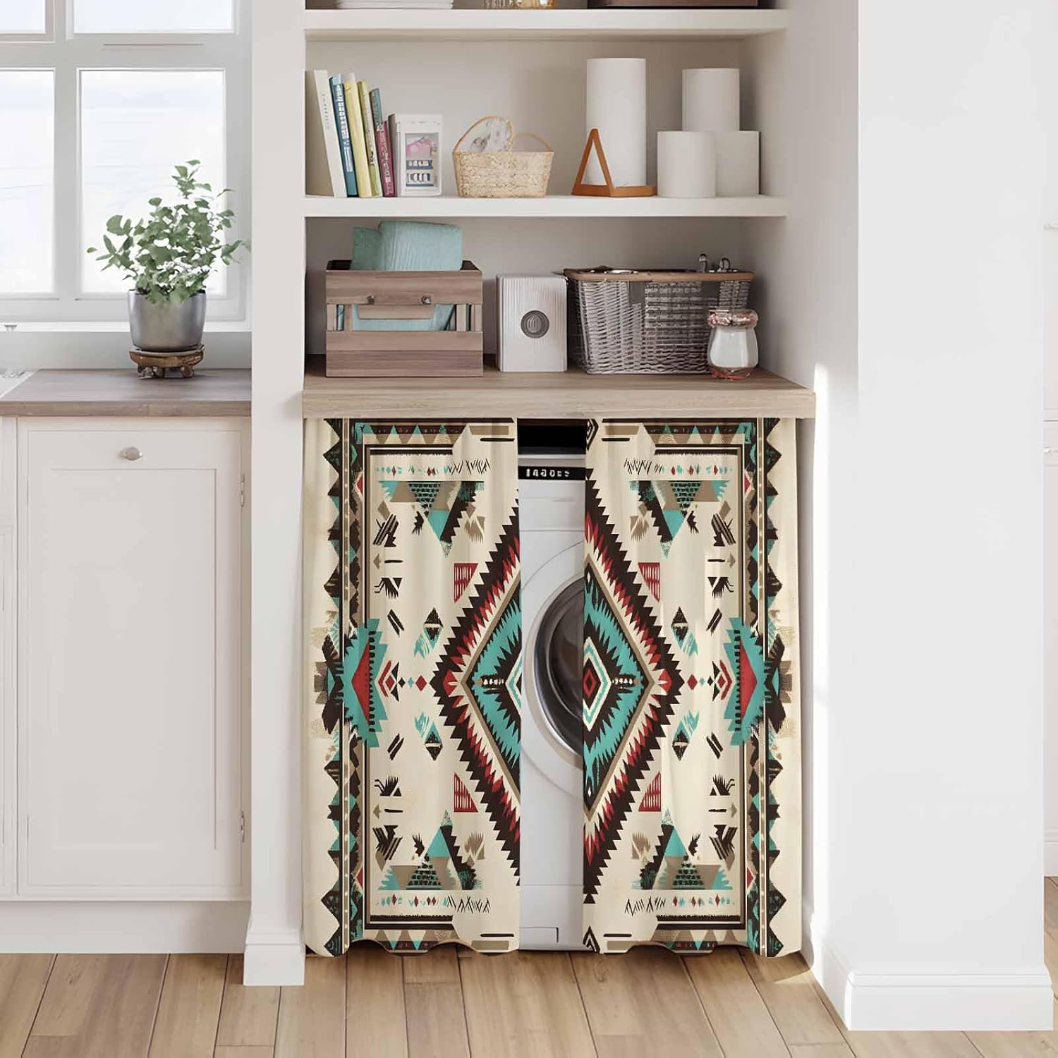 Red Teal Brown Southwestern Kitchen Curtains, Ethnic Geometric Boho Light Filtering Window Curtain Panels, 2Pcs Rod Pocket Window Treatments Set for RV Dining Room Study Room 42x45 Inches