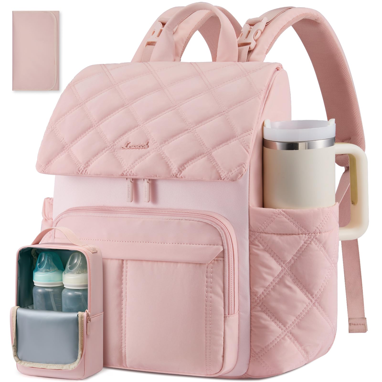 LOVEVOOK Diaper Bag Backpack With Pocket For Large Capacity Cup,Multi-Function Baby Travel Bag For Mom Dad,Waterproof Baby Bag for Boys Girls with Changing Pad,Insulated Bag,Stroller Straps,Pink