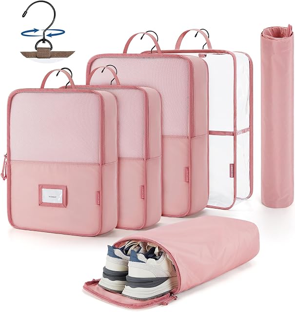 BAGSMART Cubes d'emballage suspendus pour le voyage, 6 Set Clear Imperméable Cubes d'emballage pour Valises, Organisateur de rangement pour le placard suspendu avec fermeture à glissière, poignées et crochet bébé rose