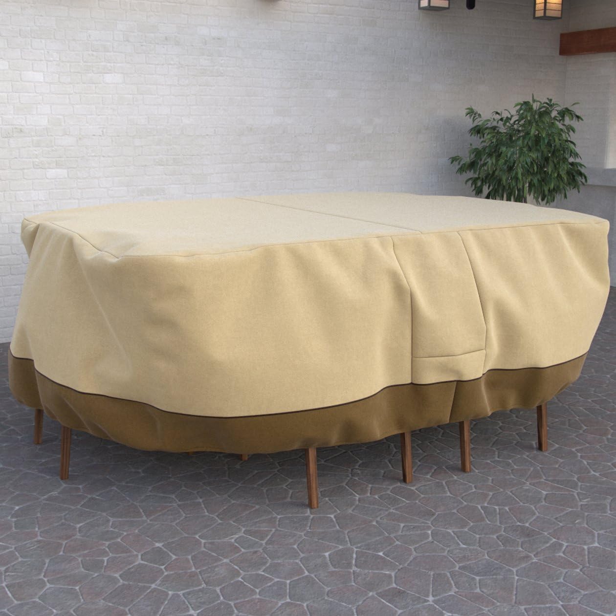Dura Covers Fade Proof Heavy Duty Oval or Rectangular Patio Table and Chair Set Cover - Durable and Water Resistant Outdoor Furniture Cover, Pebble, Large, up to 108" Long