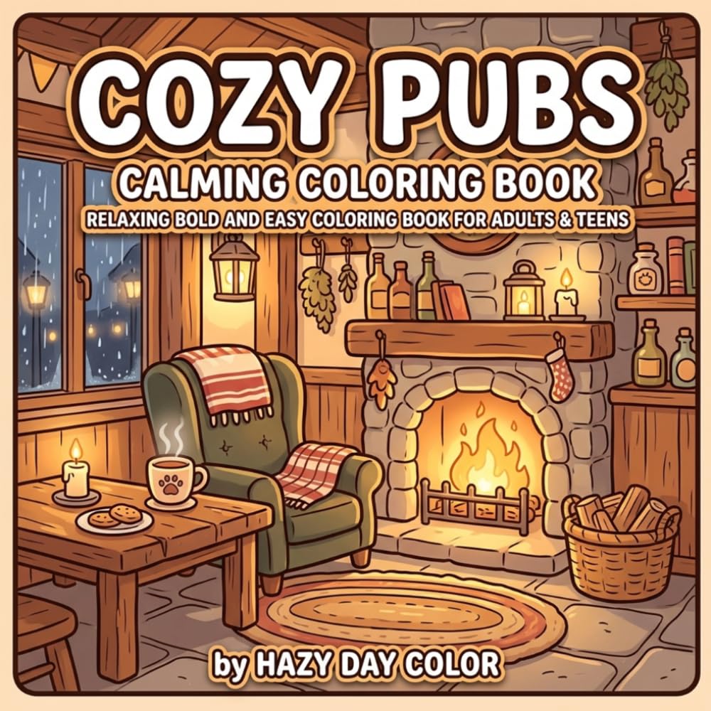 Cozy Pubs: Calming Coloring Book | Relaxing Bold and Easy Coloring Book for Adults & Teens Featuring Warm Pub Interiors, Cozy Corners, Fireplace Scenes and Stress-Relieving Hygge Designs