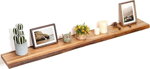 Miniatura 32 de Estantes flotantes para decoración de pared, estantes flotantes rústicos de madera maciza de olmo con borde vivo, estantes de pared con soporte