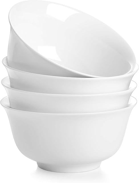 DOWAN Soup Bowl Set, Deep Cereal Bowls for Pasta, 880ML Porcelain Large Dessert and noodles, Set of 4, 16.5x 8x 8CM, White